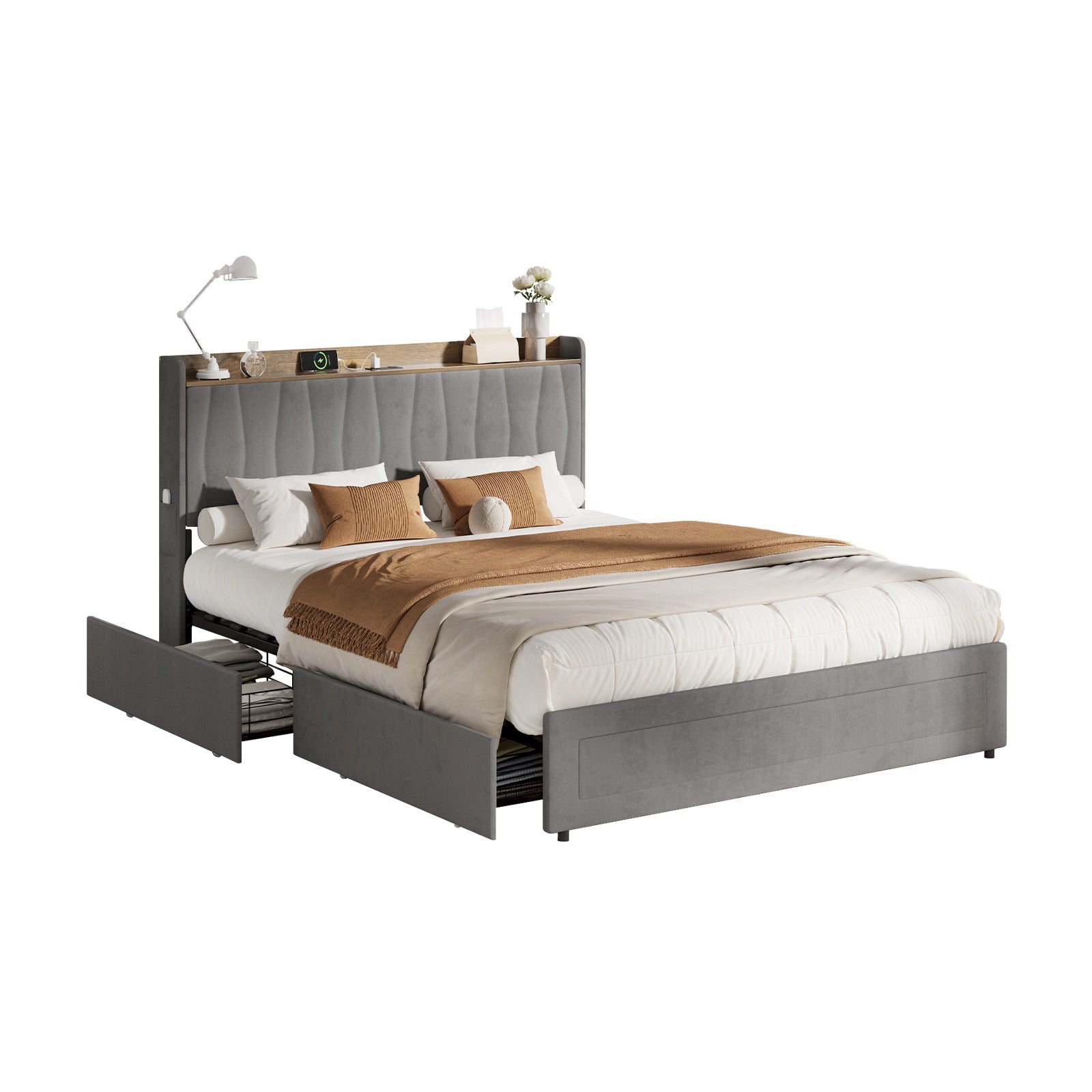 Oikiture Bed Frame Queen Size with 4 Drawers Charging Station USB Ports Grey