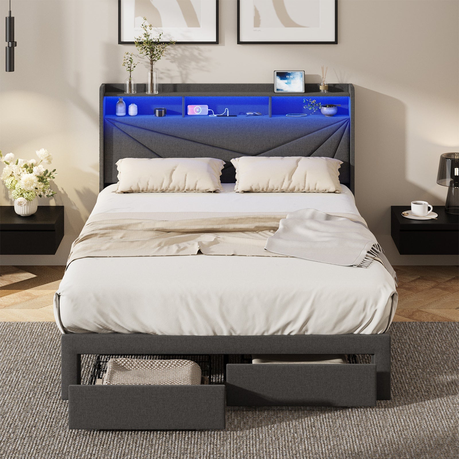 Oikiture Bed Frame Double Size LED Storge Headboard With USB Charging & Drawers
