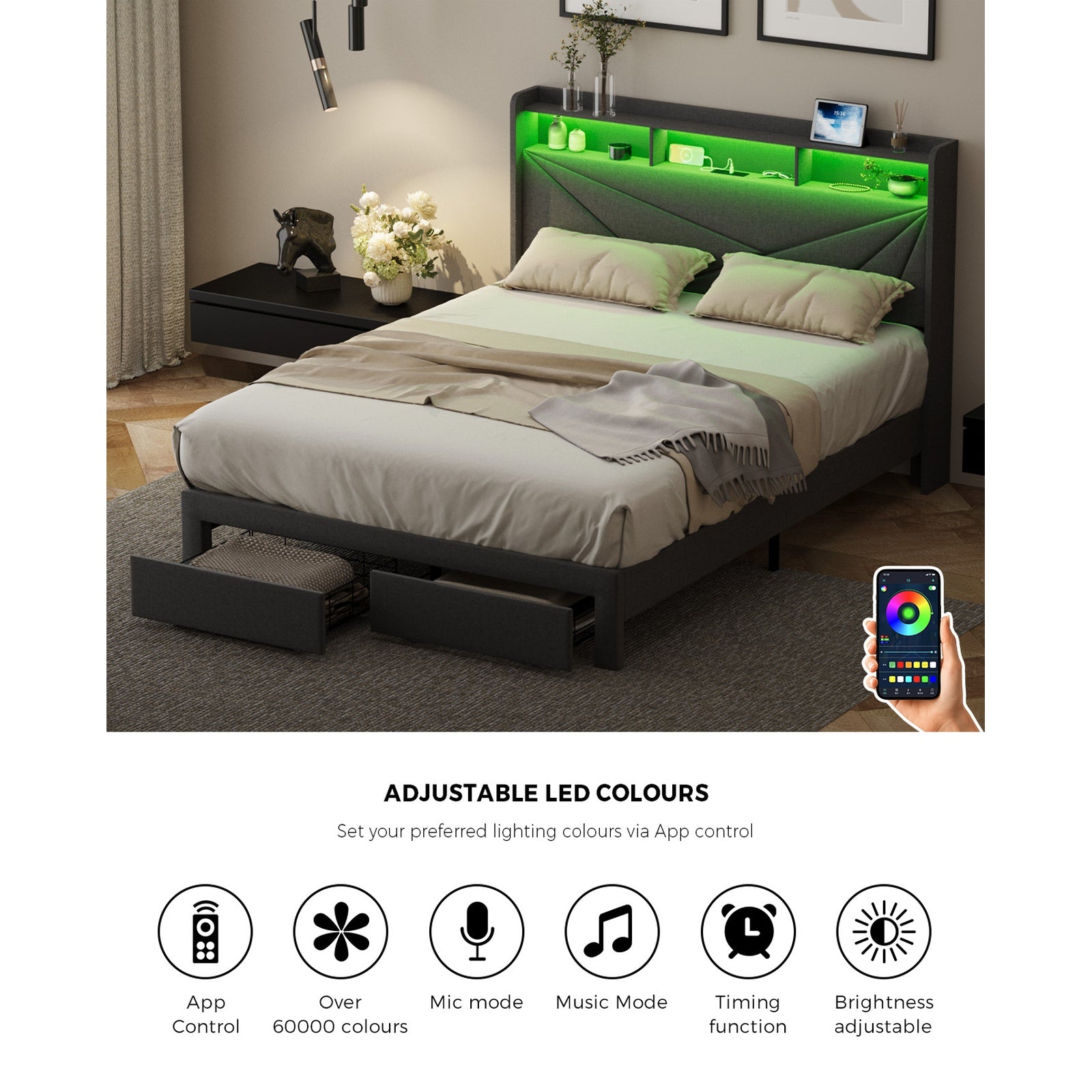 Oikiture Bed Frame Double Size LED Storge Headboard With USB Charging & Drawers
