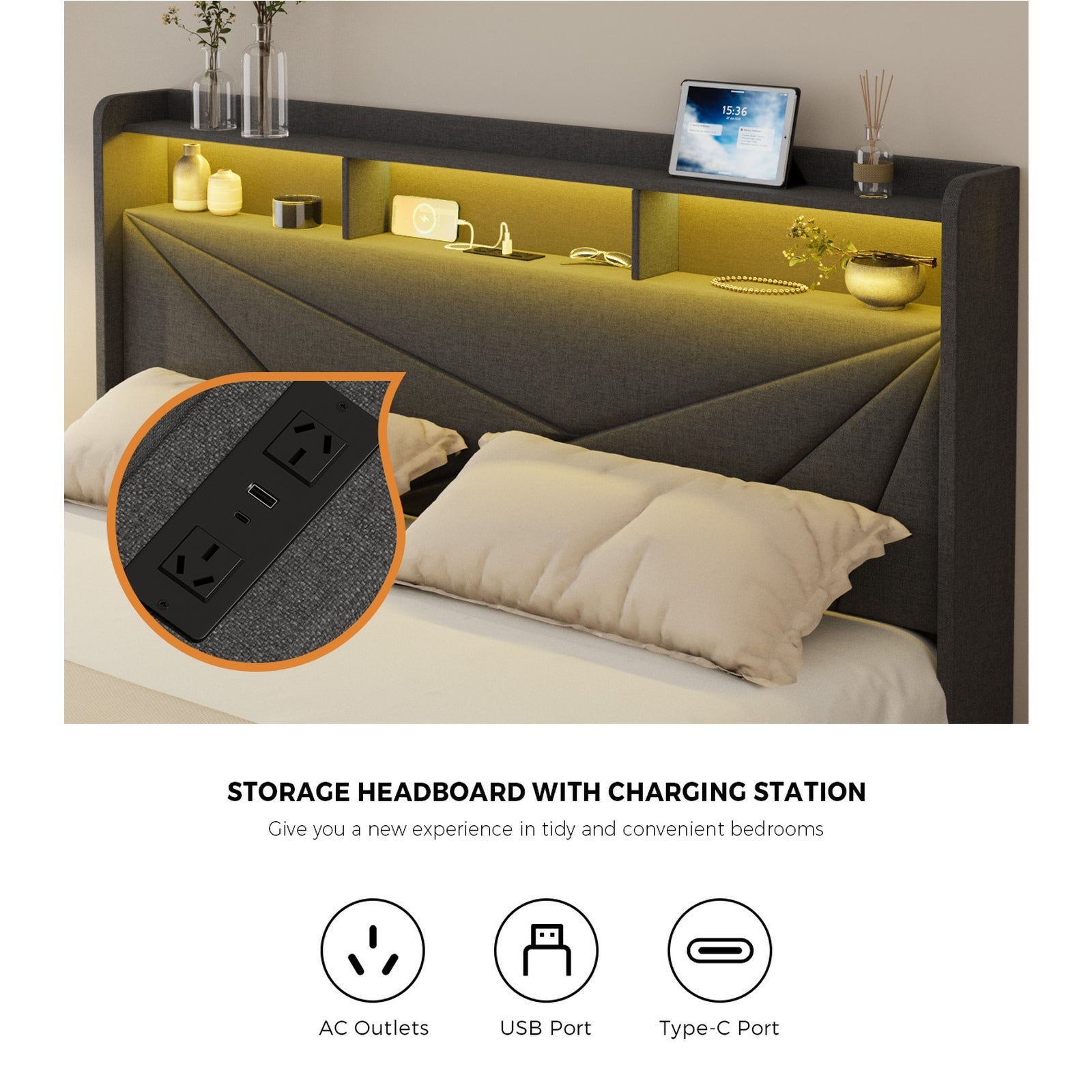 Oikiture Bed Frame Double Size LED Storge Headboard With USB Charging & Drawers