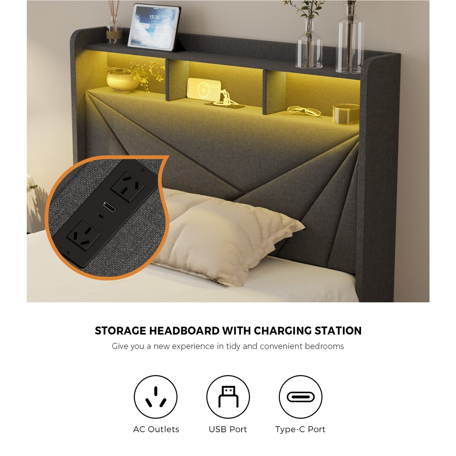Oikiture Bed Frame King Sinlge LED Storge Headboard With USB Charging & Drawers