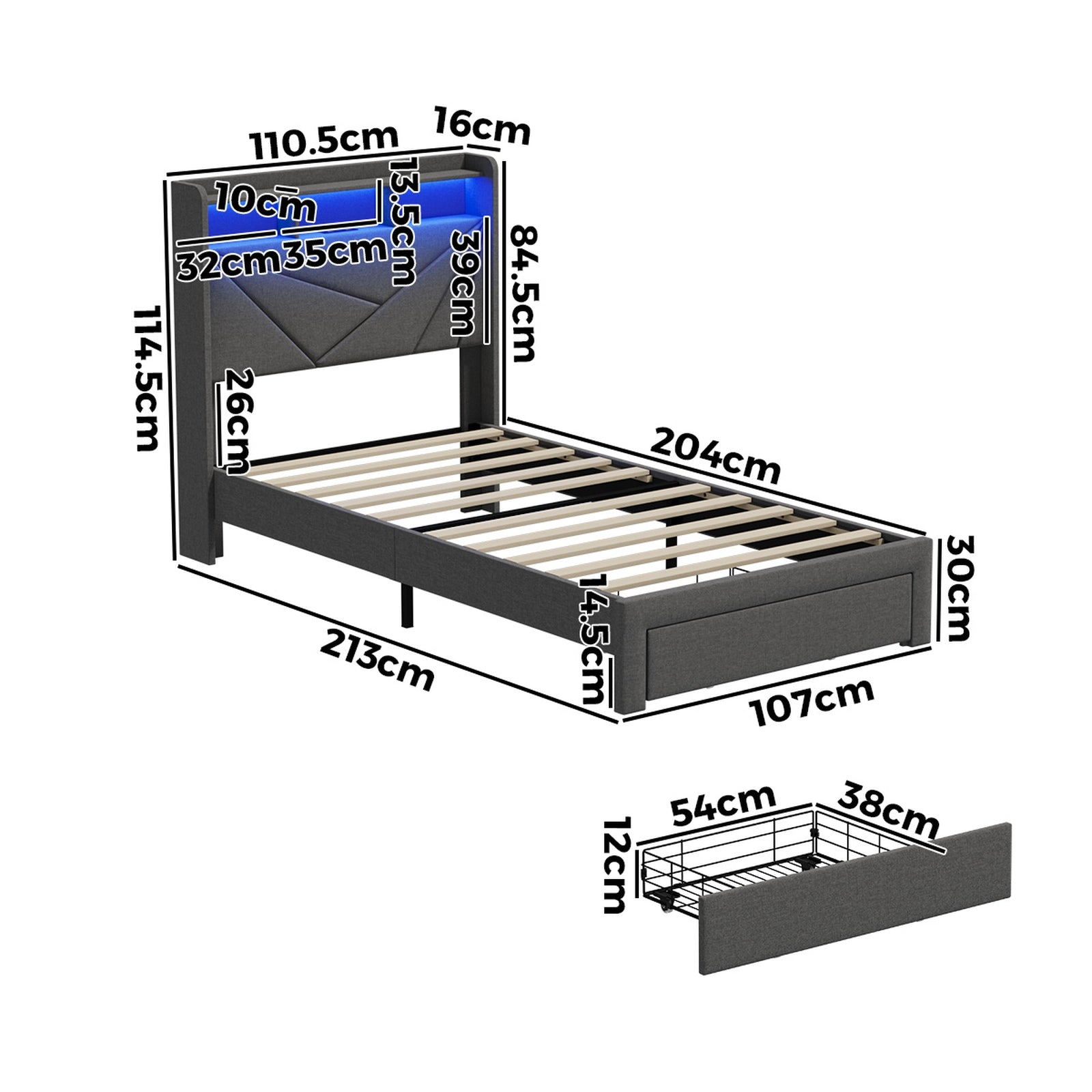 Oikiture Bed Frame King Sinlge LED Storge Headboard With USB Charging & Drawers