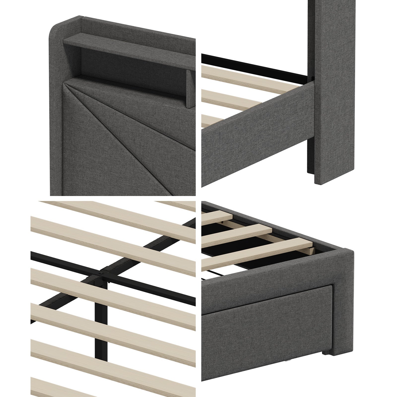 Oikiture Bed Frame Queen Size LED Storge Headboard With USB Charging & Drawers
