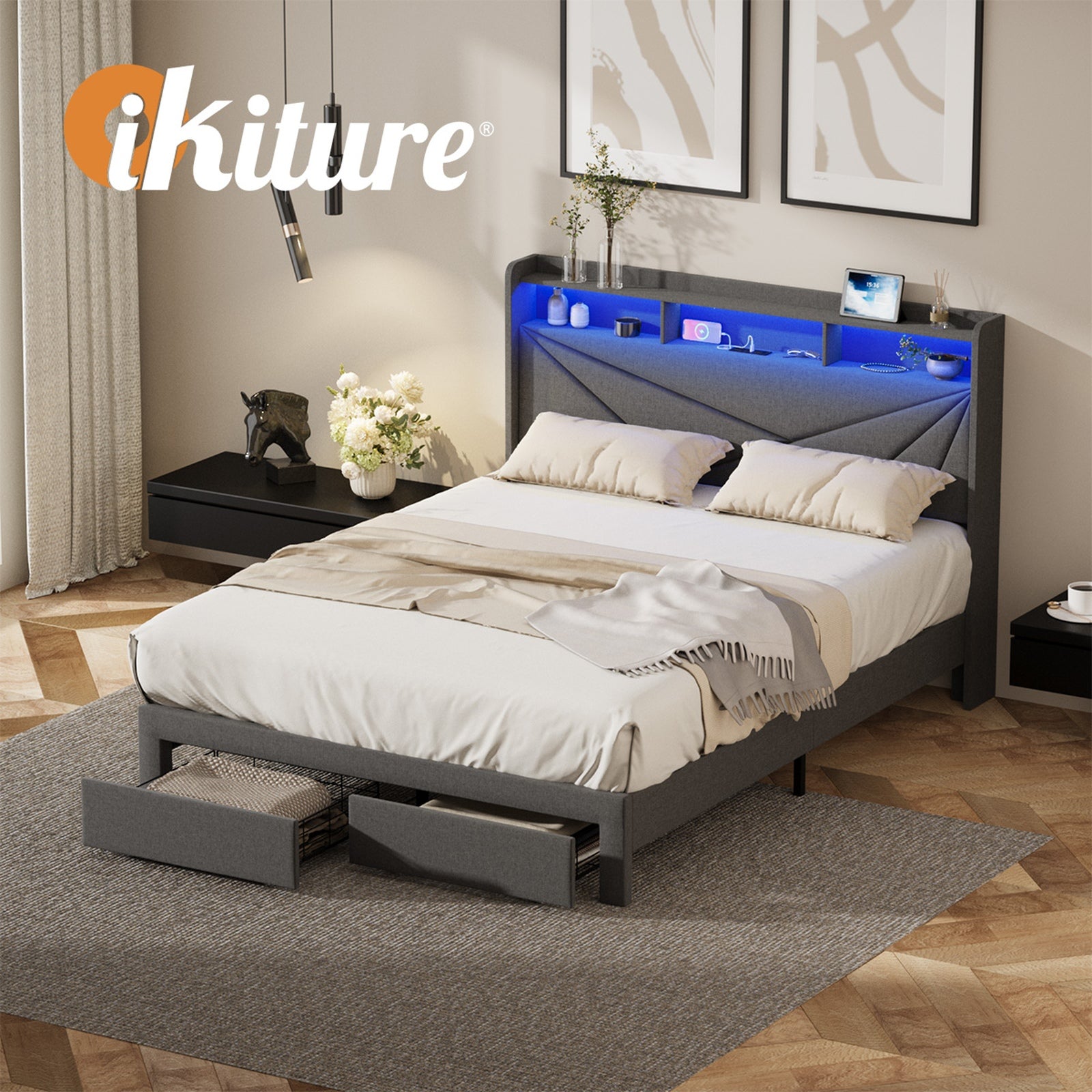Oikiture Bed Frame Queen Size LED Storge Headboard With USB Charging & Drawers