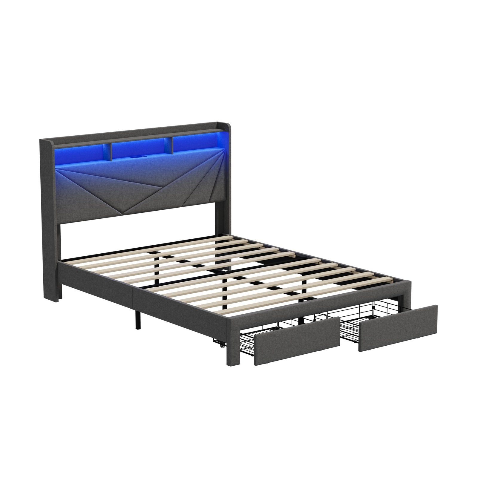 Oikiture Bed Frame Queen Size LED Storge Headboard With USB Charging & Drawers
