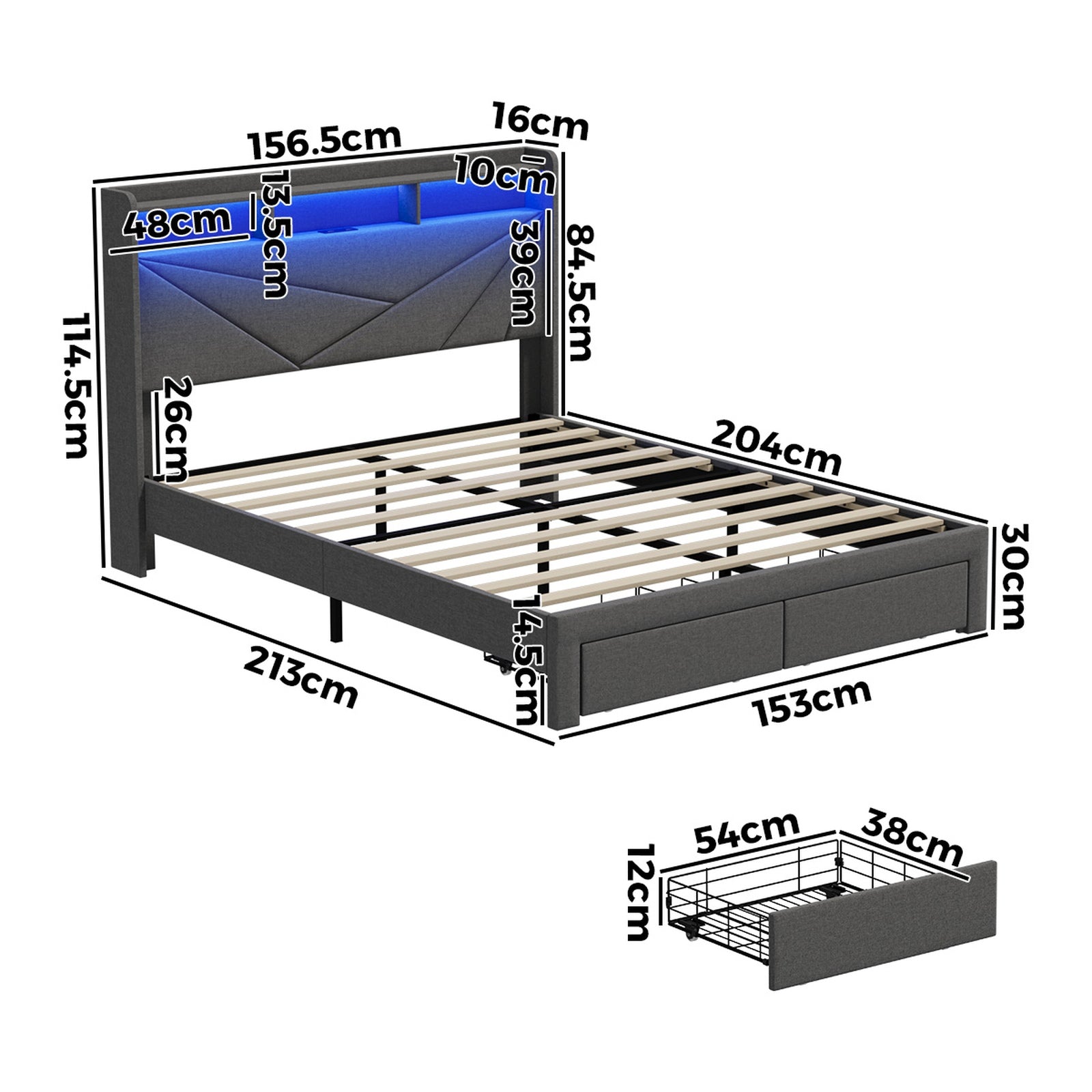 Oikiture Bed Frame Queen Size LED Storge Headboard With USB Charging & Drawers