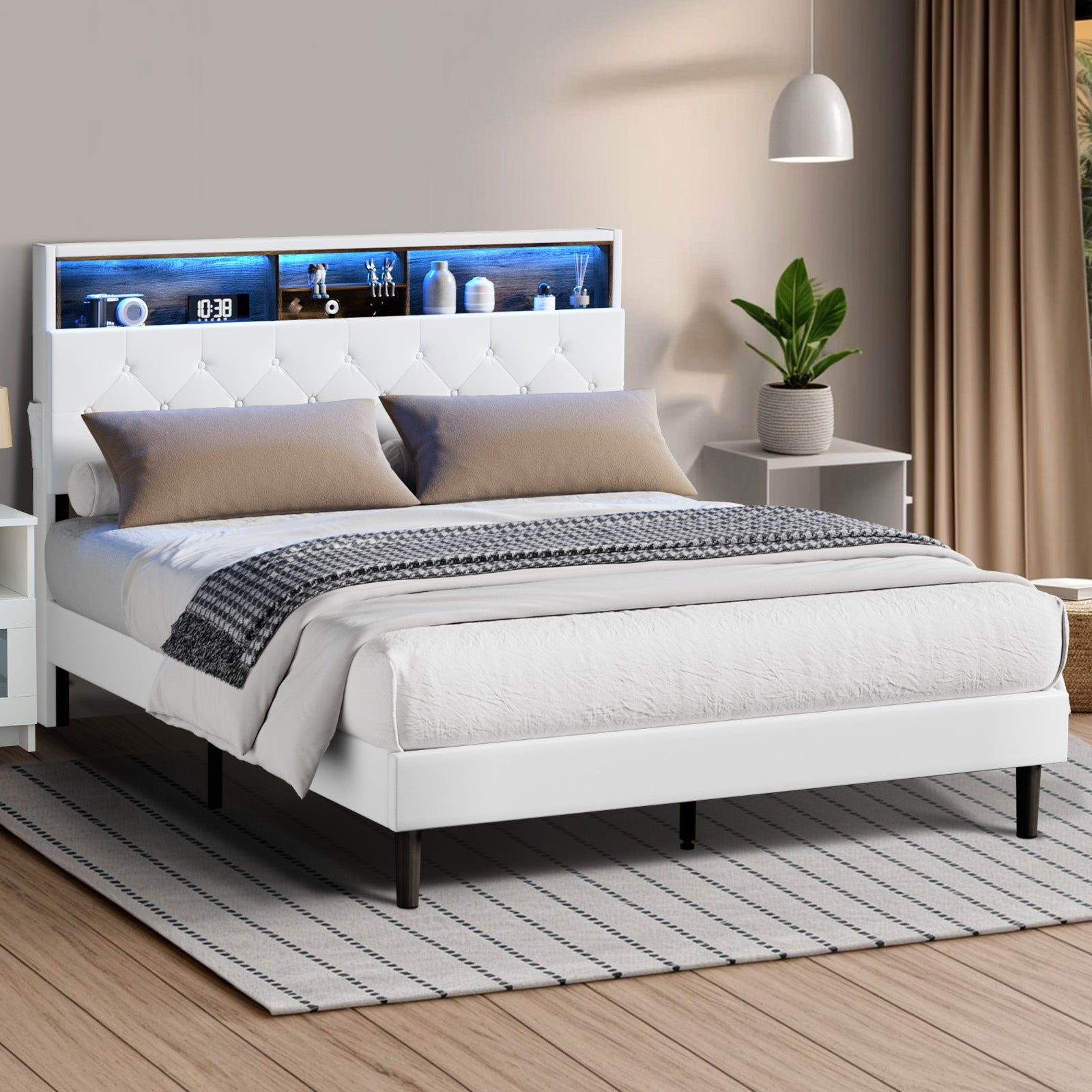 Oikiture Bed Frame Double Size Platform Beds with LED Storage Bedhead NOVI