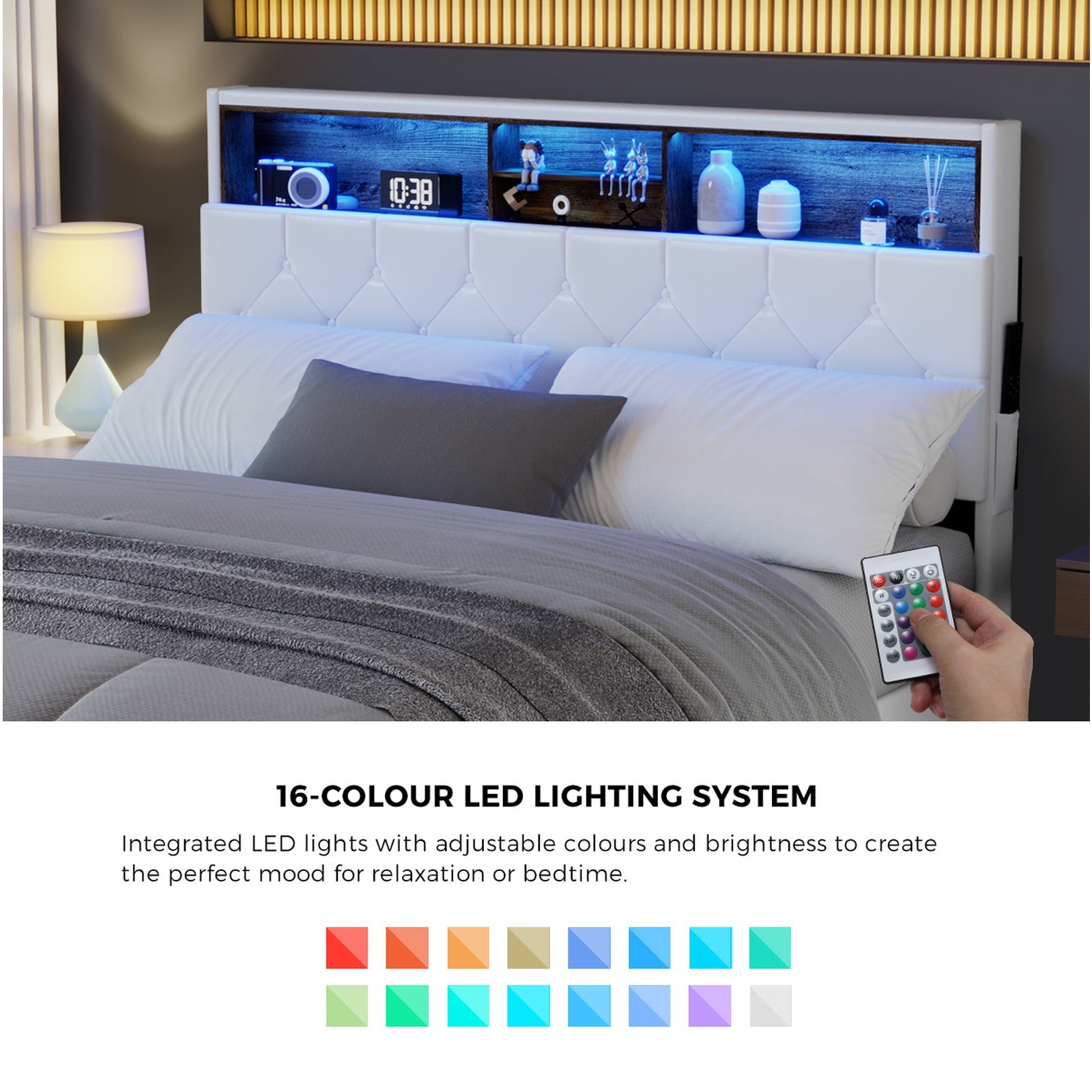 Oikiture Bed Frame Double Size Platform Beds with LED Storage Bedhead NOVI