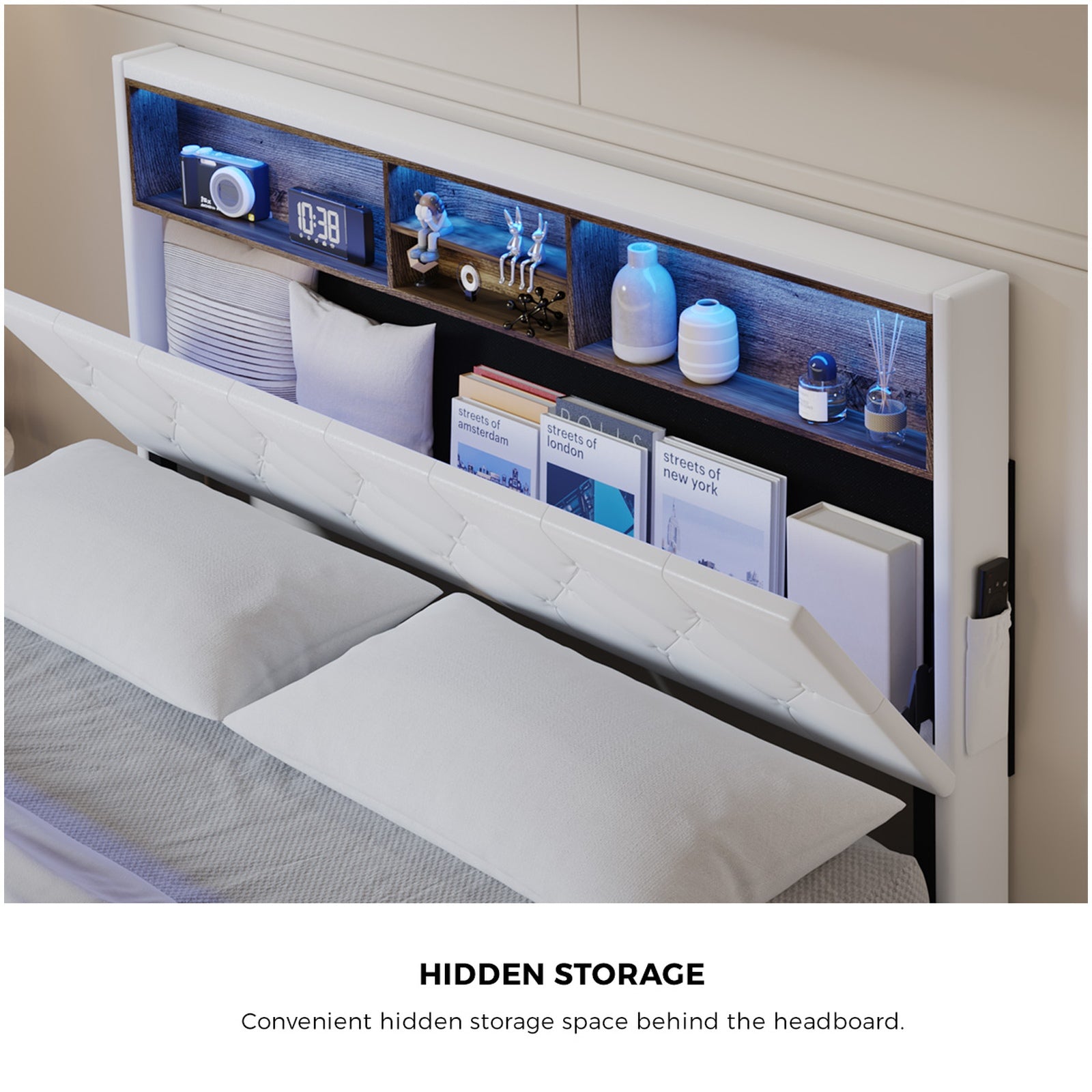 Oikiture Bed Frame Double Size Platform Beds with LED Storage Bedhead NOVI