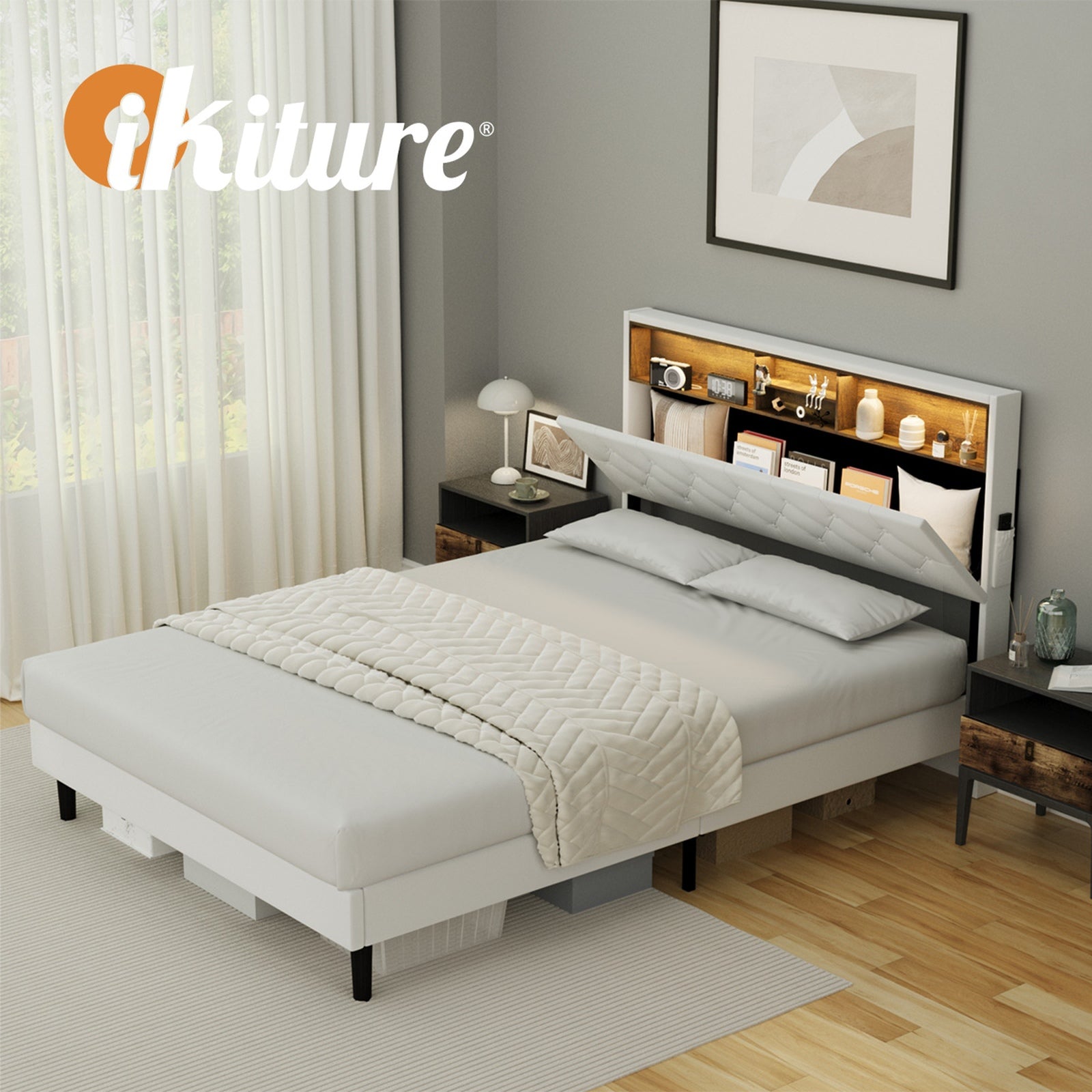 Oikiture Bed Frame Double Size Platform Beds with LED Storage Bedhead NOVI