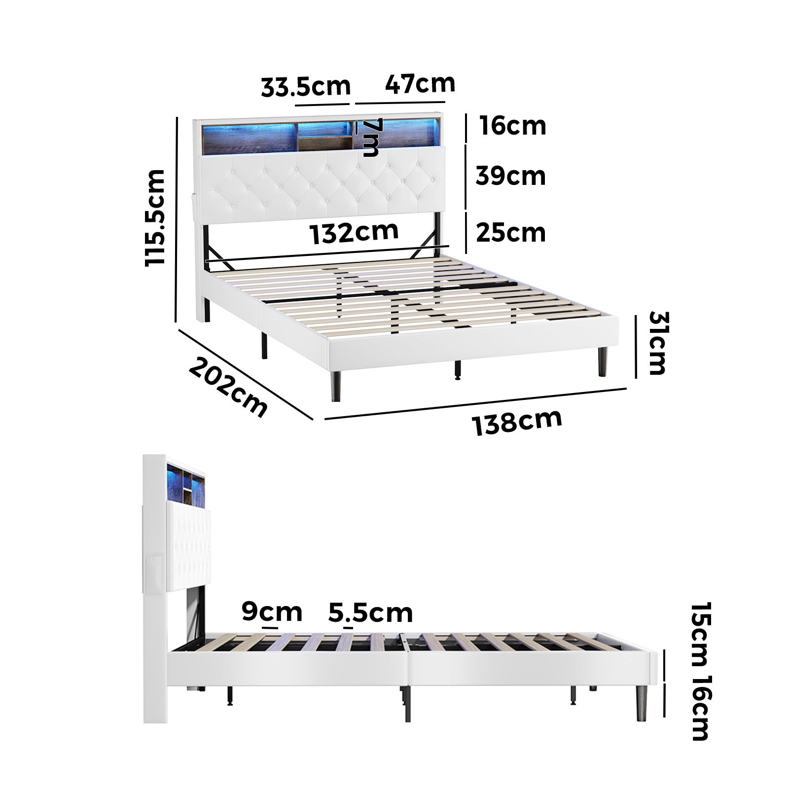 Oikiture Bed Frame Double Size Platform Beds with LED Storage Bedhead NOVI