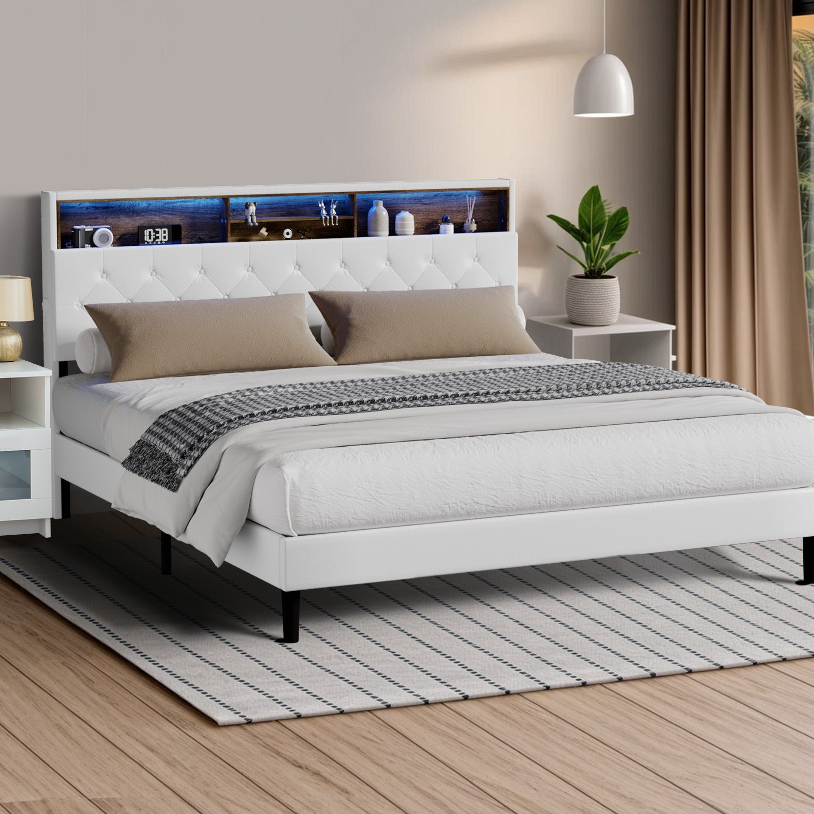 Oikiture Bed Frame King Size Platform Beds with LED Storage Bedhead NOVI