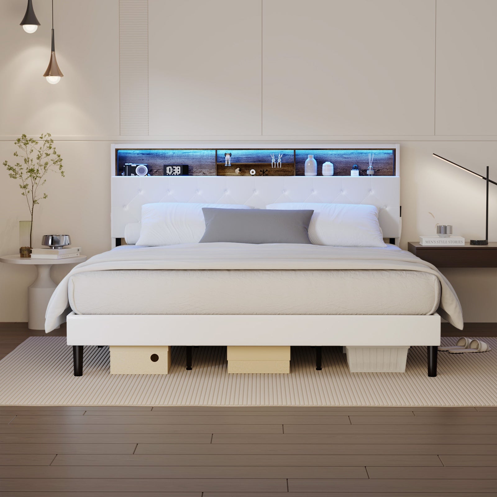 Oikiture Bed Frame King Size Platform Beds with LED Storage Bedhead NOVI