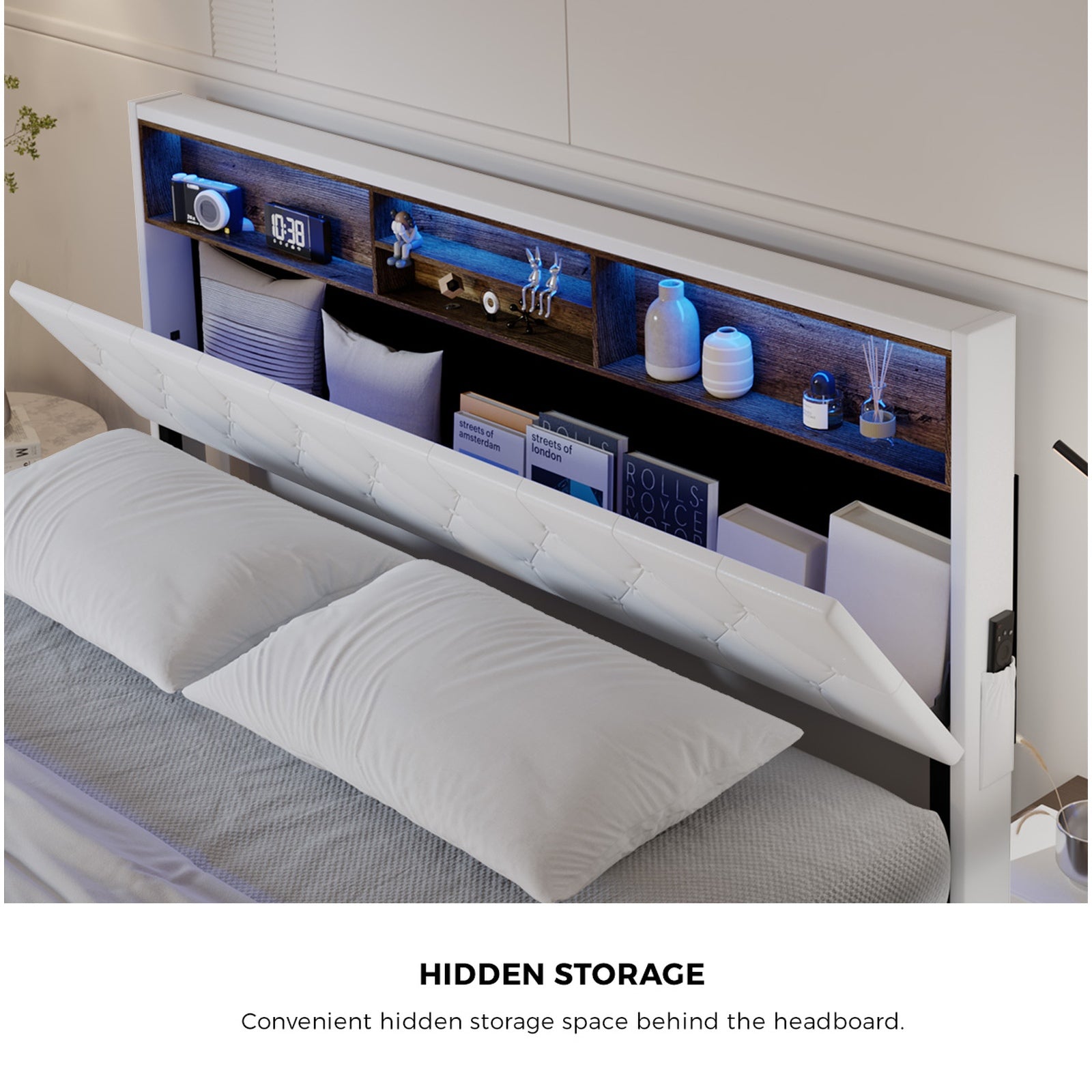 Oikiture Bed Frame King Size Platform Beds with LED Storage Bedhead NOVI