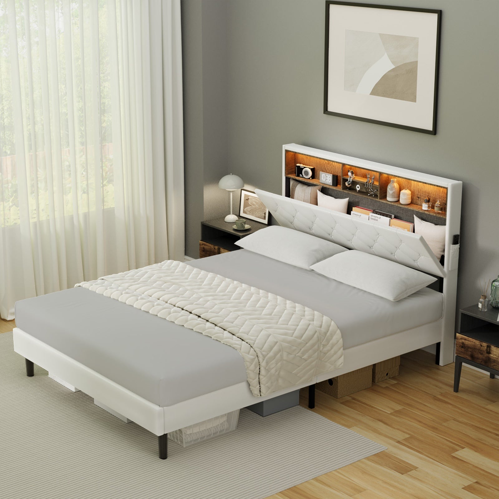 Oikiture Bed Frame King Size Platform Beds with LED Storage Bedhead NOVI