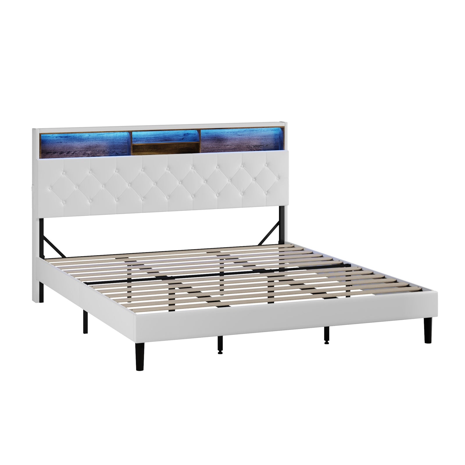 Oikiture Bed Frame King Size Platform Beds with LED Storage Bedhead NOVI