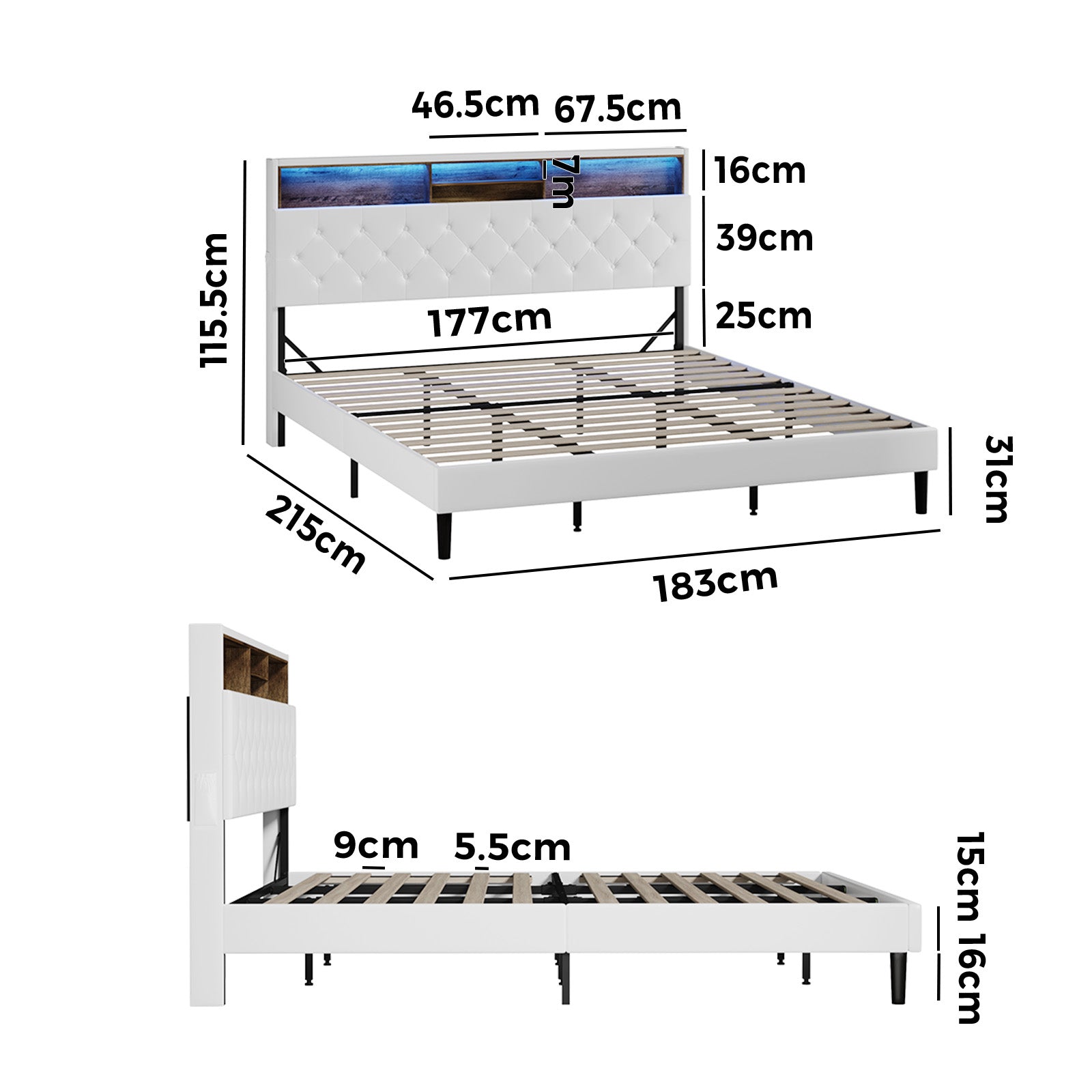Oikiture Bed Frame King Size Platform Beds with LED Storage Bedhead NOVI