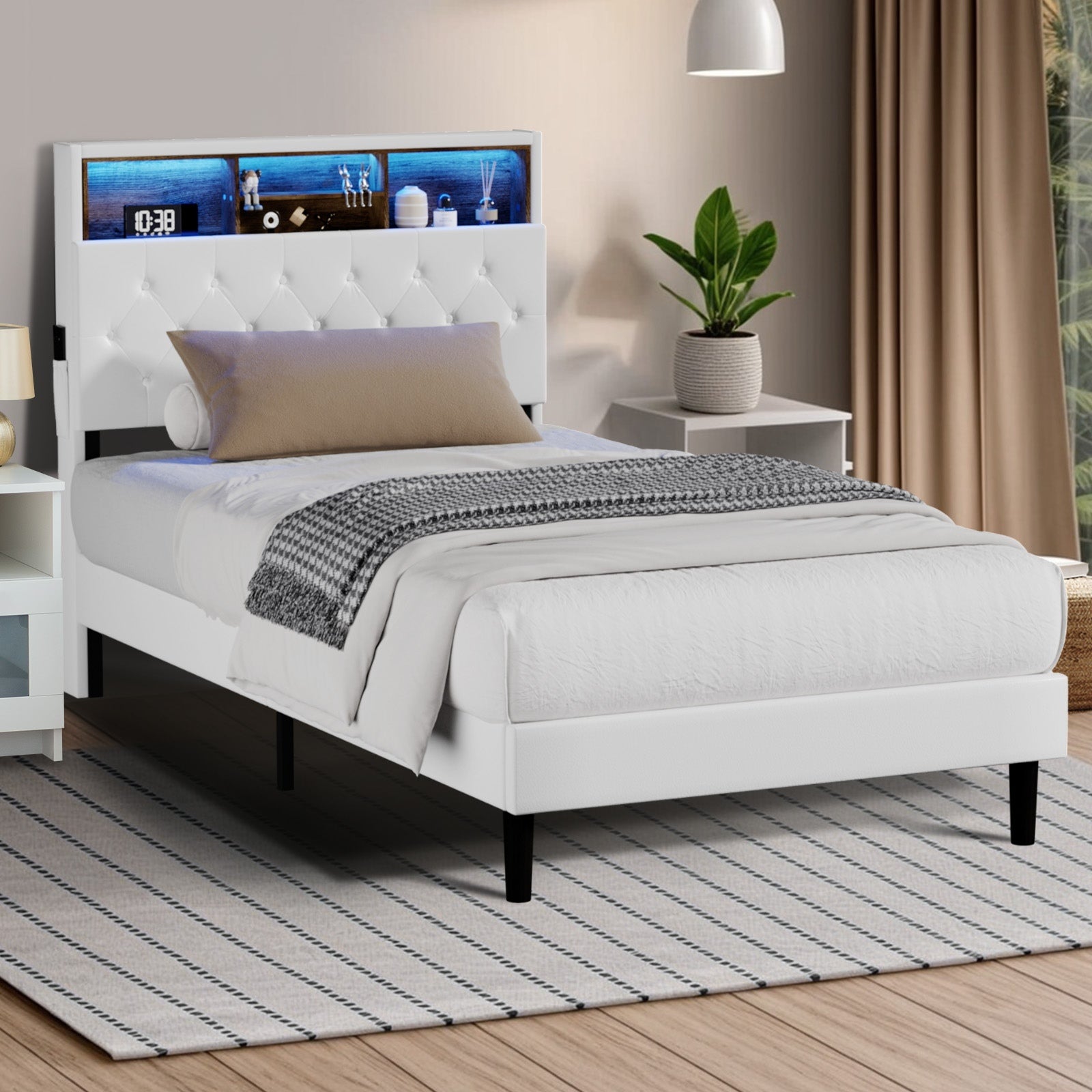 Oikiture Bed Frame King Single Size Platform Beds with LED Storage Bedhead NOVI