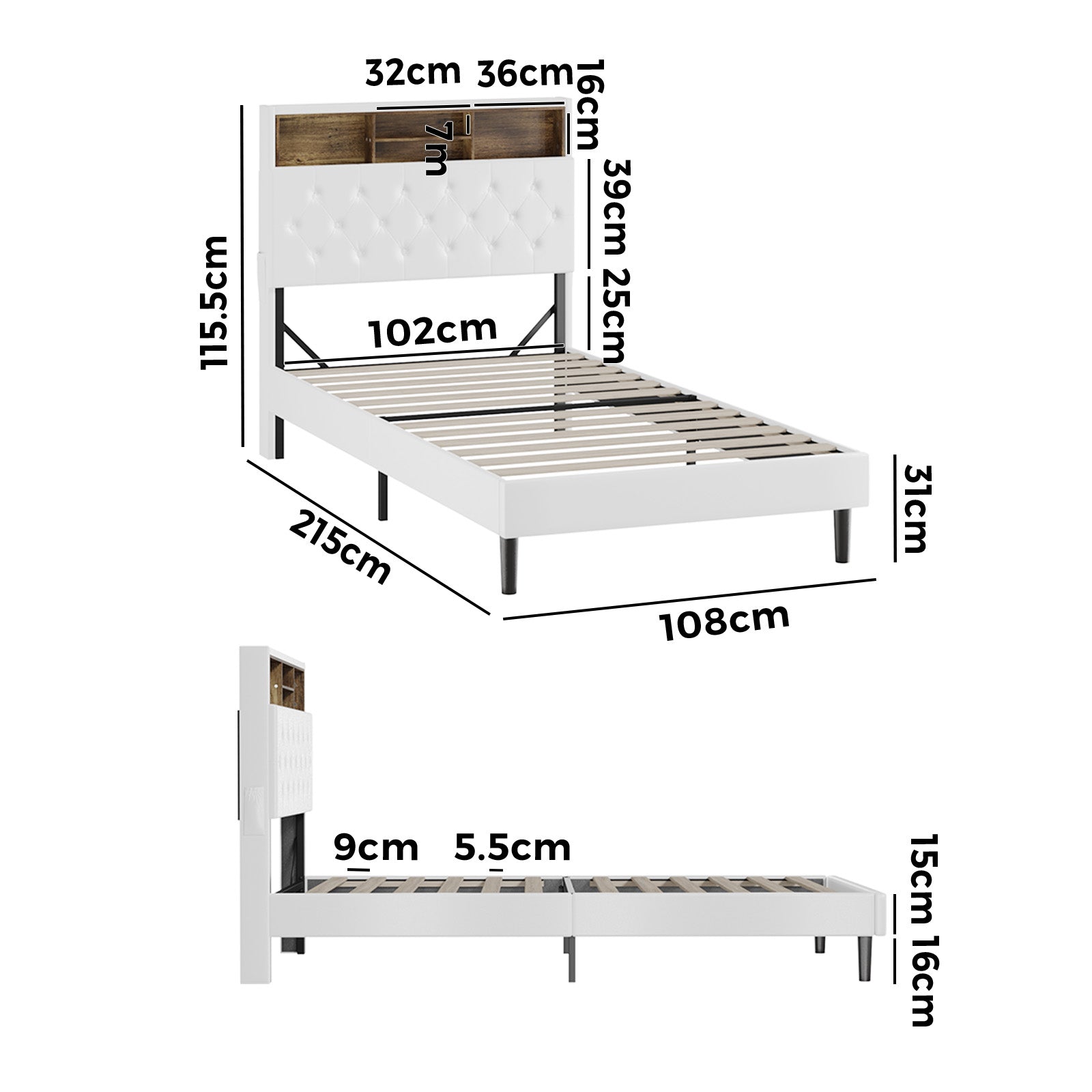 Oikiture Bed Frame King Single Size Platform Beds with LED Storage Bedhead NOVI