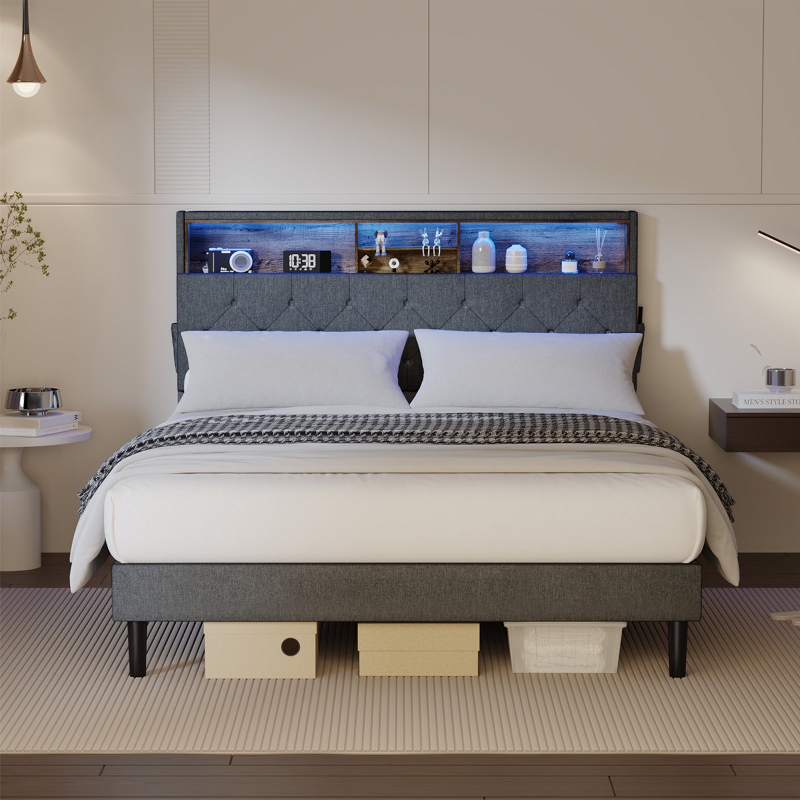 Oikiture Bed Frame Queen Size Beds Base with LED Storage Bedhead NOVI - Sunyee