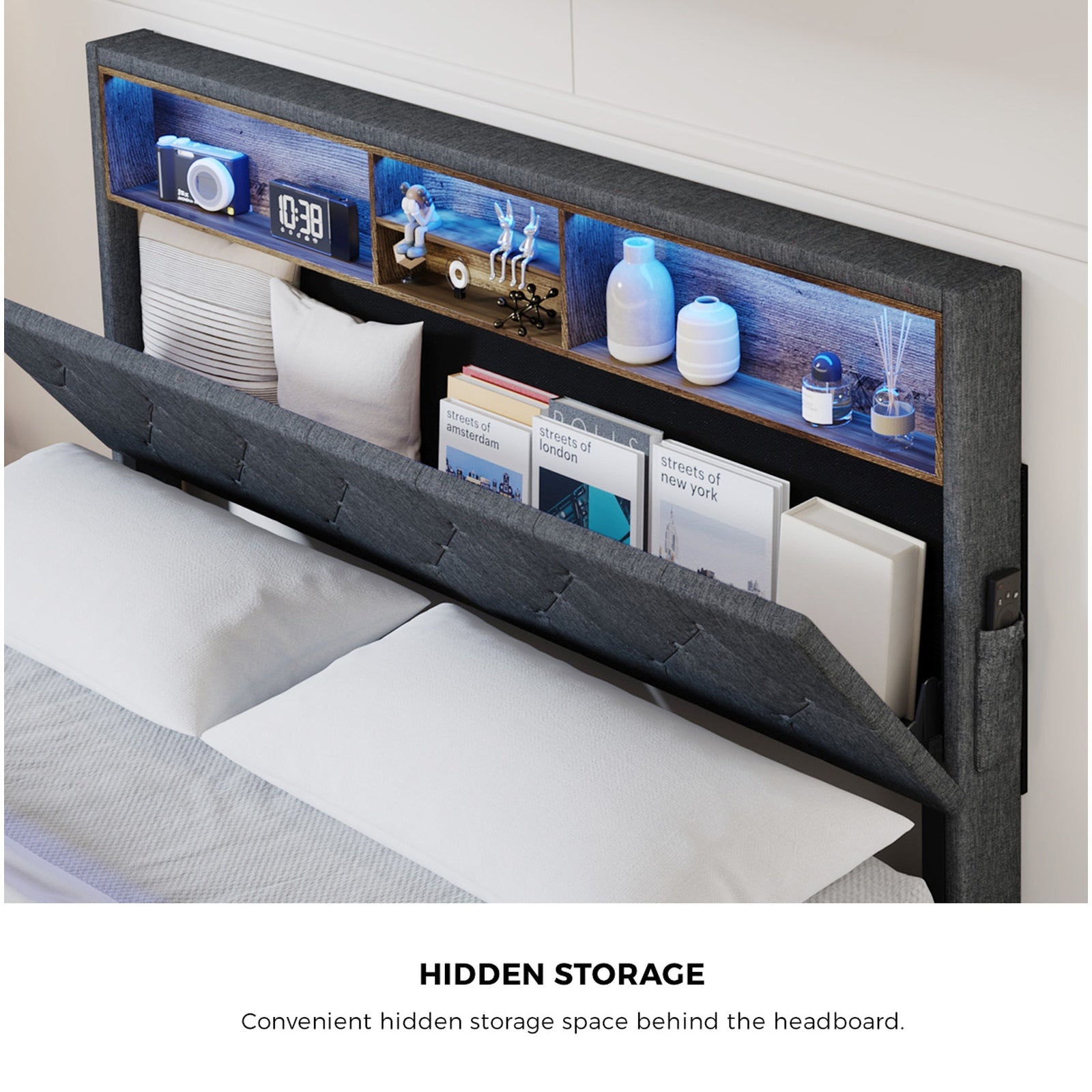 Oikiture Bed Frame Queen Size Beds Base with LED Storage Bedhead NOVI - Sunyee