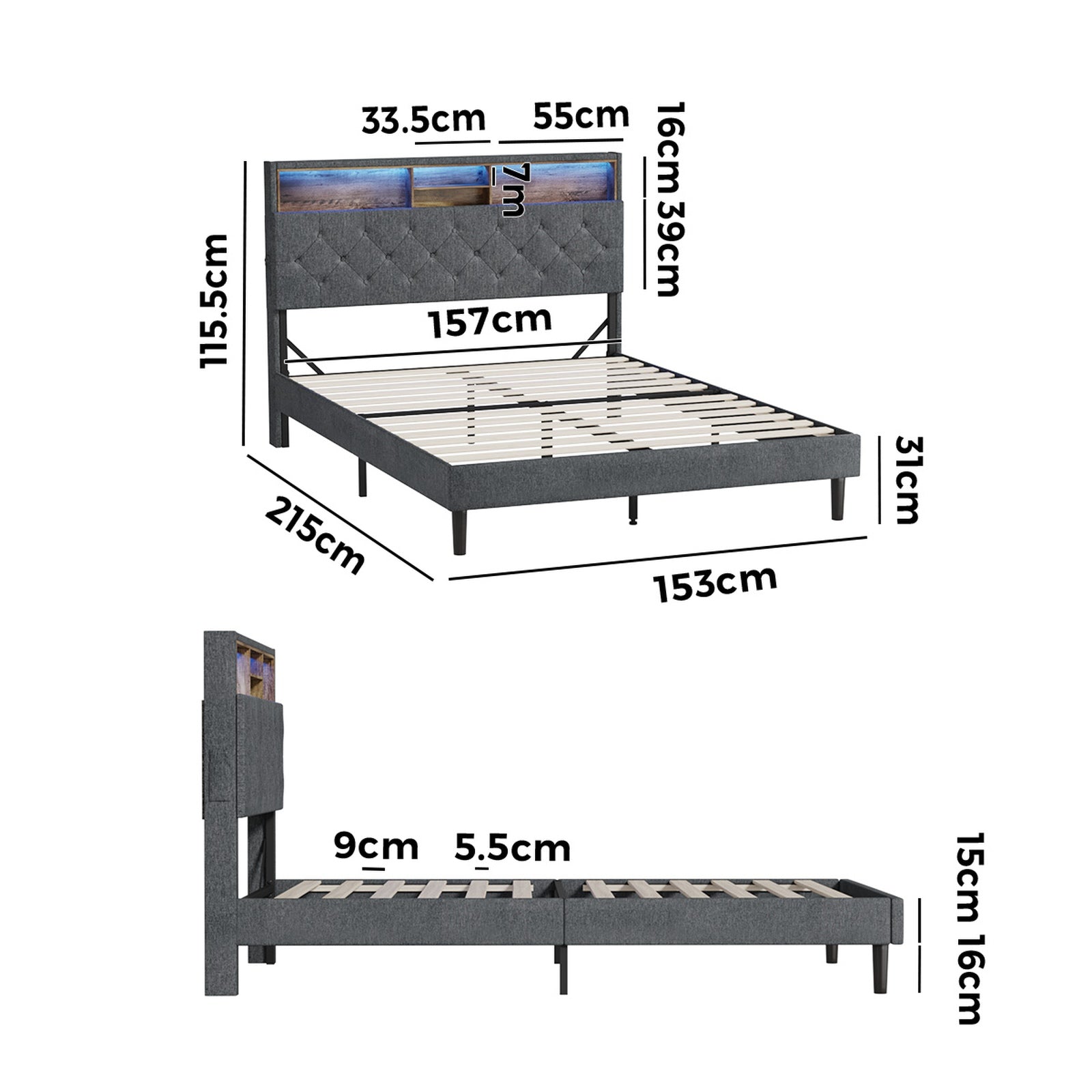 Oikiture Bed Frame Queen Size Beds Base with LED Storage Bedhead NOVI - Sunyee