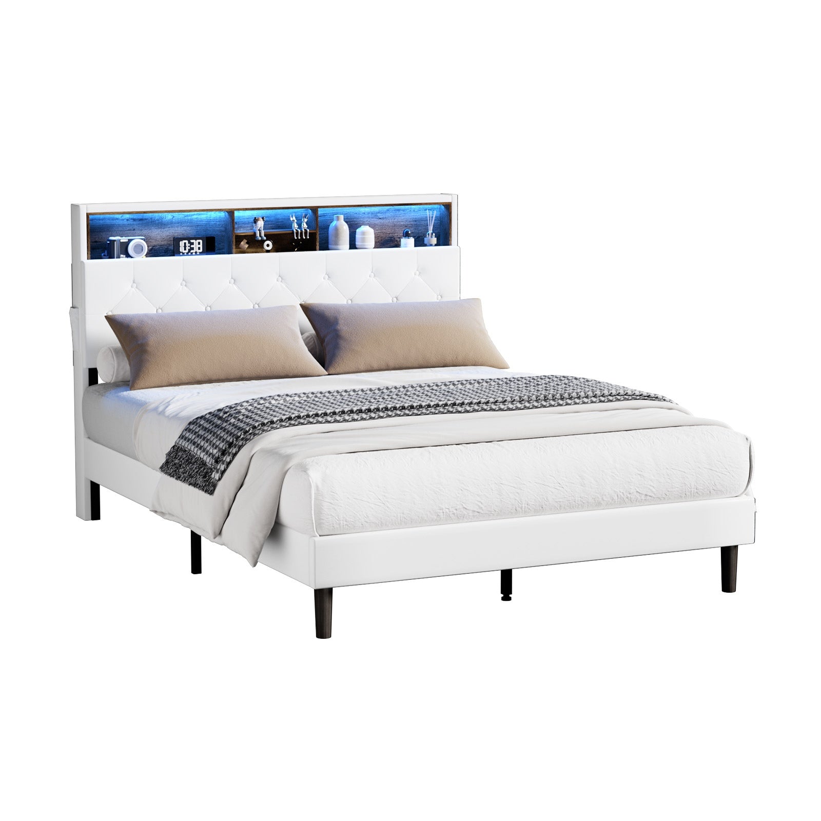 Oikiture Bed Frame Queen Size Platform Beds with LED Storage Bedhead NOVI