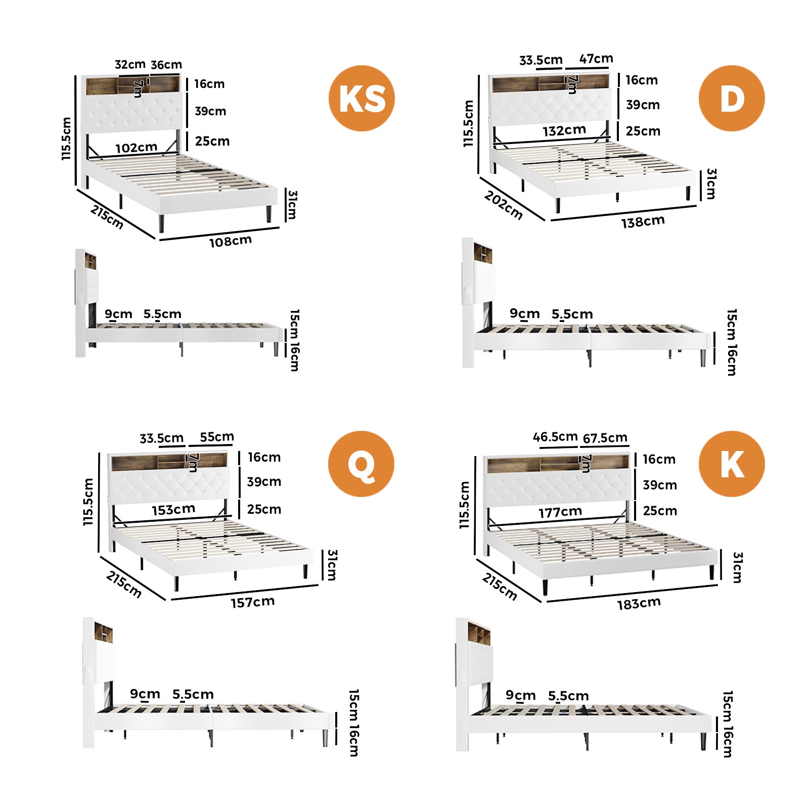 Oikiture Bed Frame Queen Double King Single Beds LED Storage Bedhead NOVI