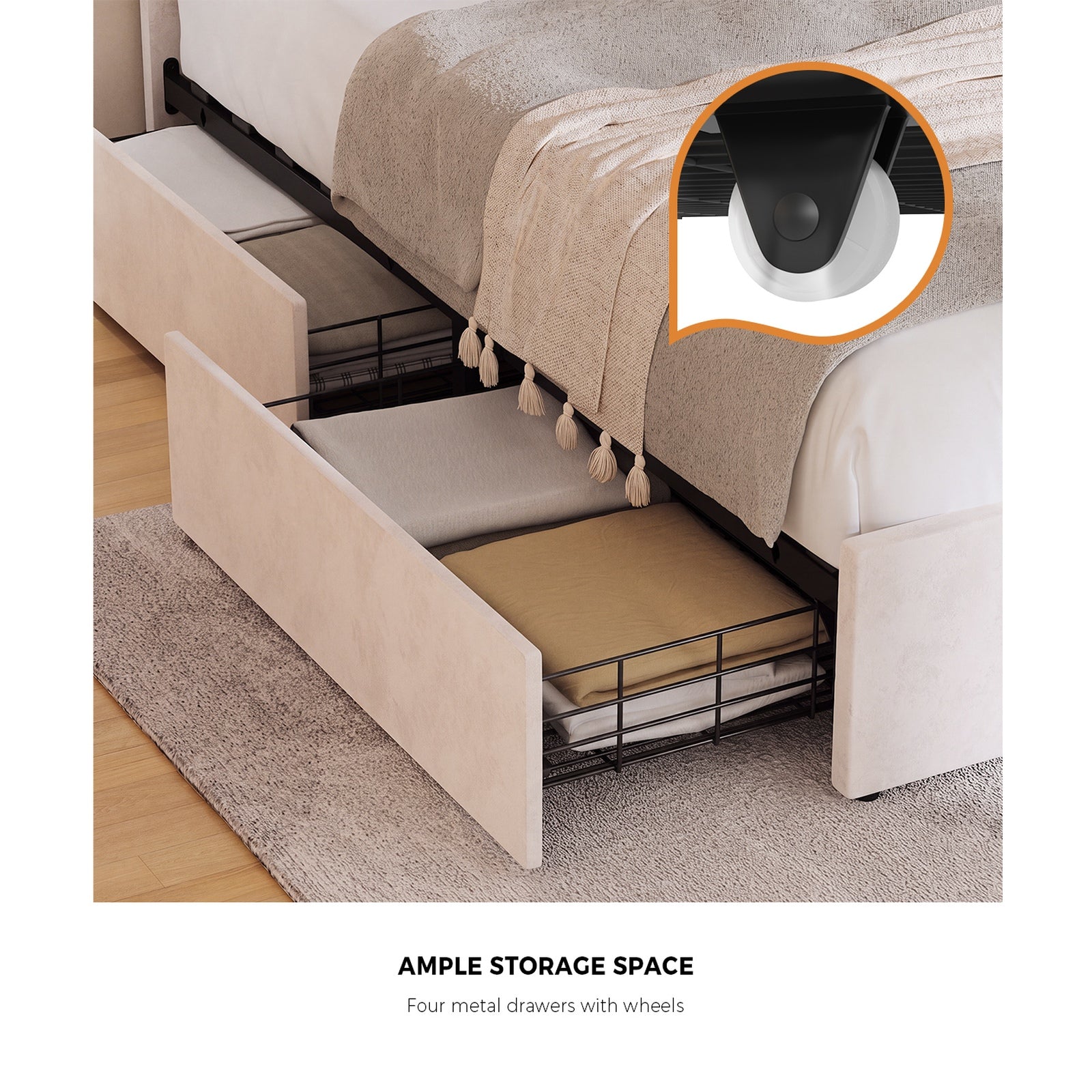 Oikiture Double Size Bed Frame LED Shell Headboard with Drawers Beige