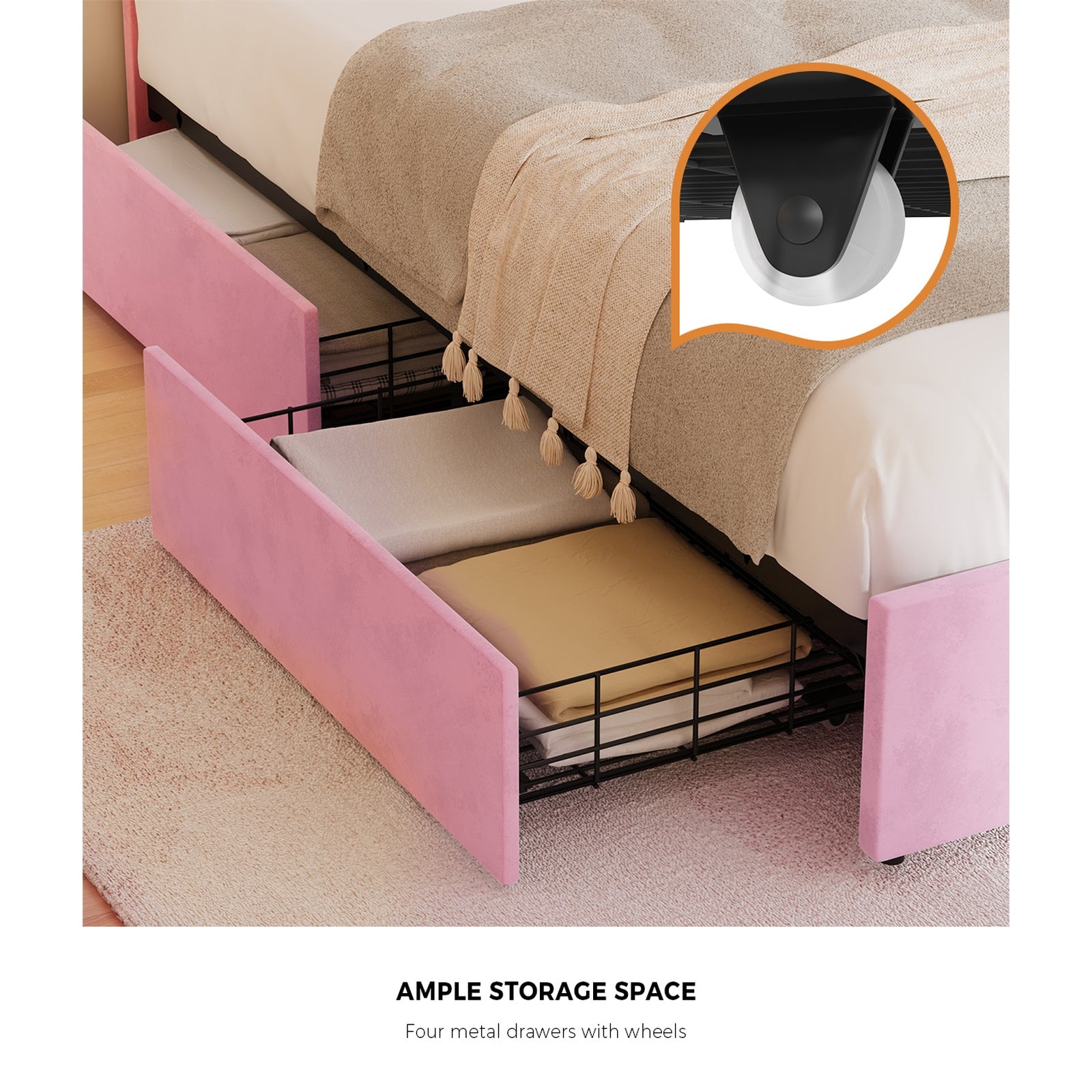 Oikiture Double Size Bed Frame LED Shell Headboard with Drawers Velvet Pink