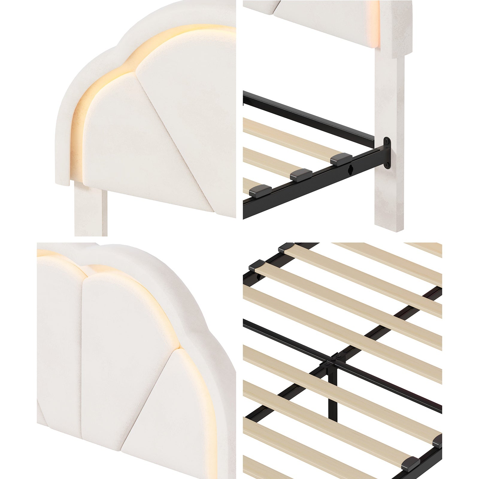Oikiture King Single Size Bed Frame LED Shell Headboard with Drawers Beige