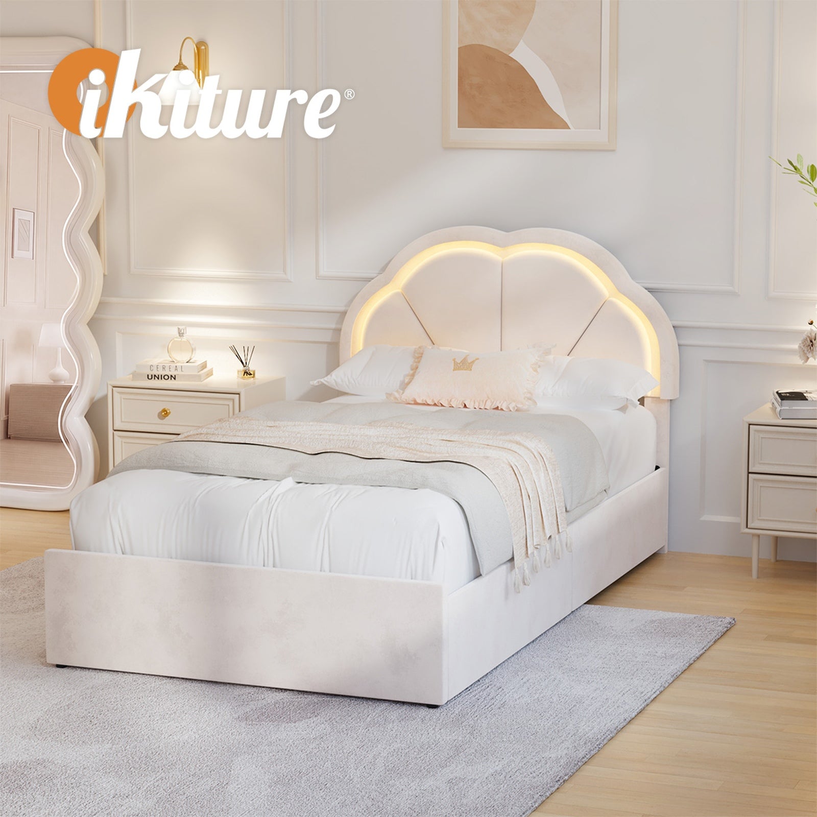 Oikiture King Single Size Bed Frame LED Shell Headboard with Drawers Beige