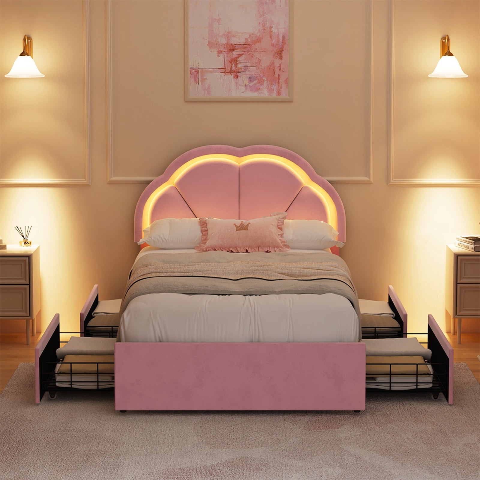 Oikiture King Single Size Bed Frame LED Shell Headboard with Drawers Velvet Pink