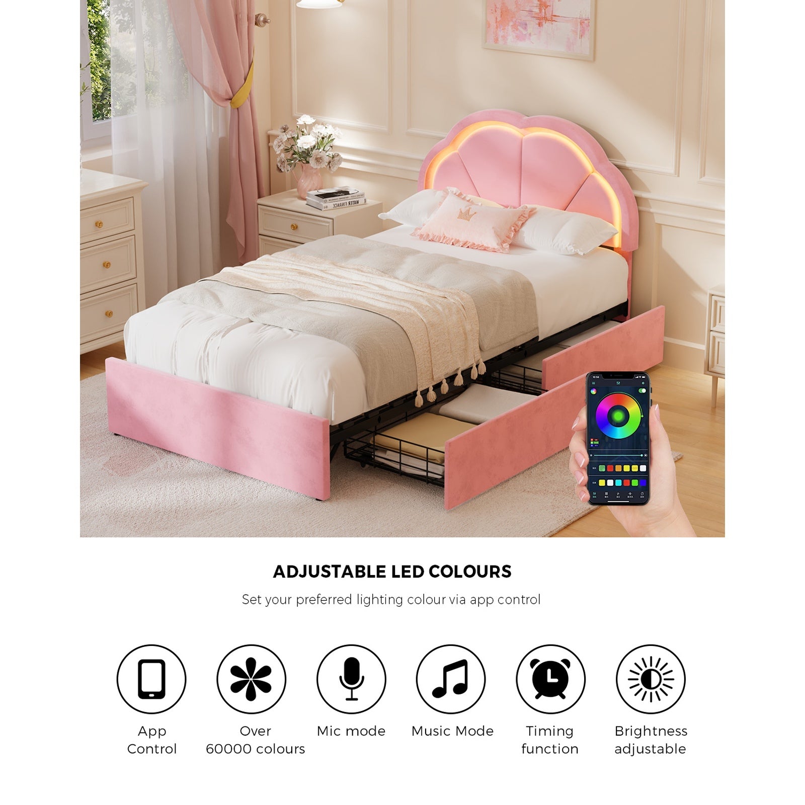 Oikiture King Single Size Bed Frame LED Shell Headboard with Drawers Velvet Pink