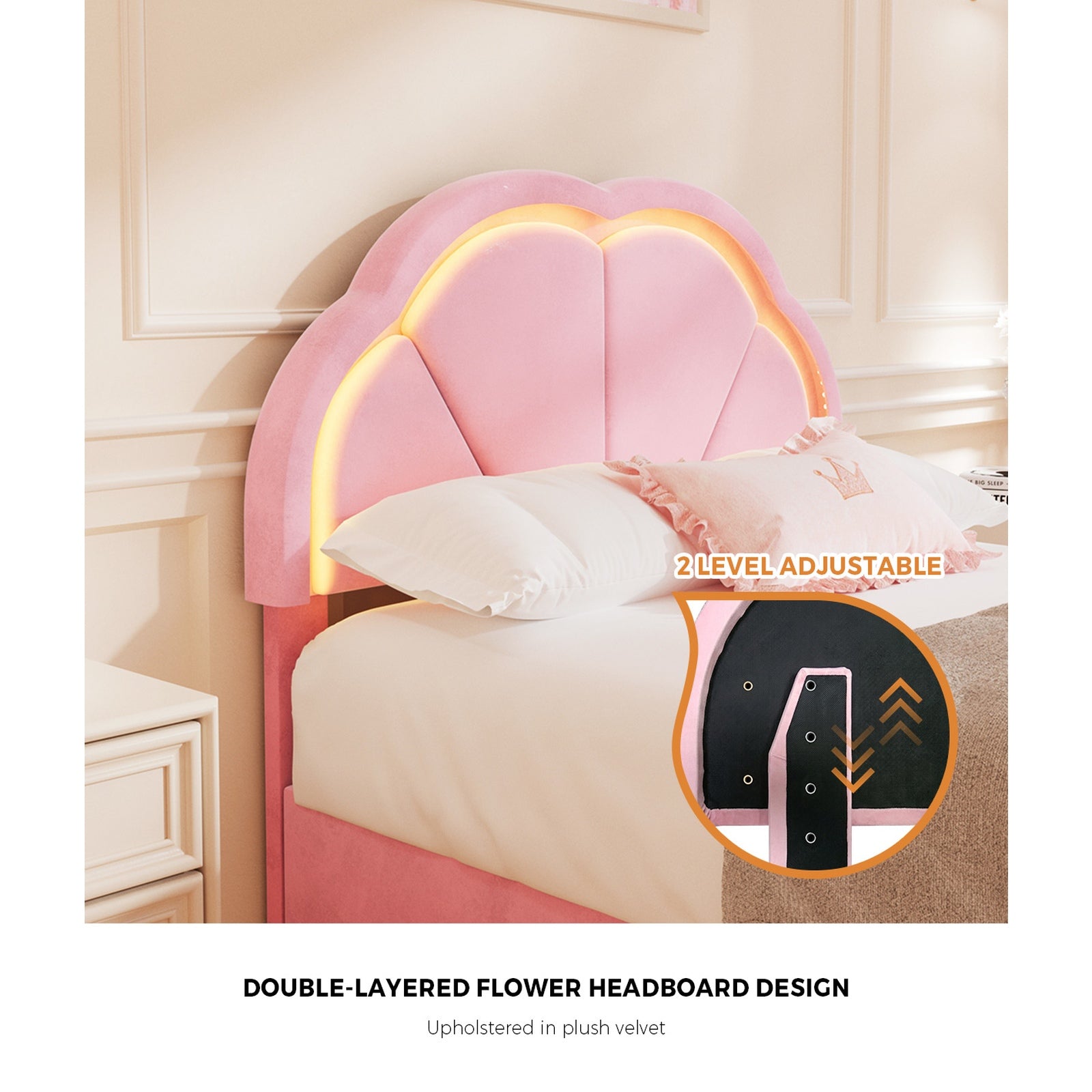 Oikiture King Single Size Bed Frame LED Shell Headboard with Drawers Velvet Pink