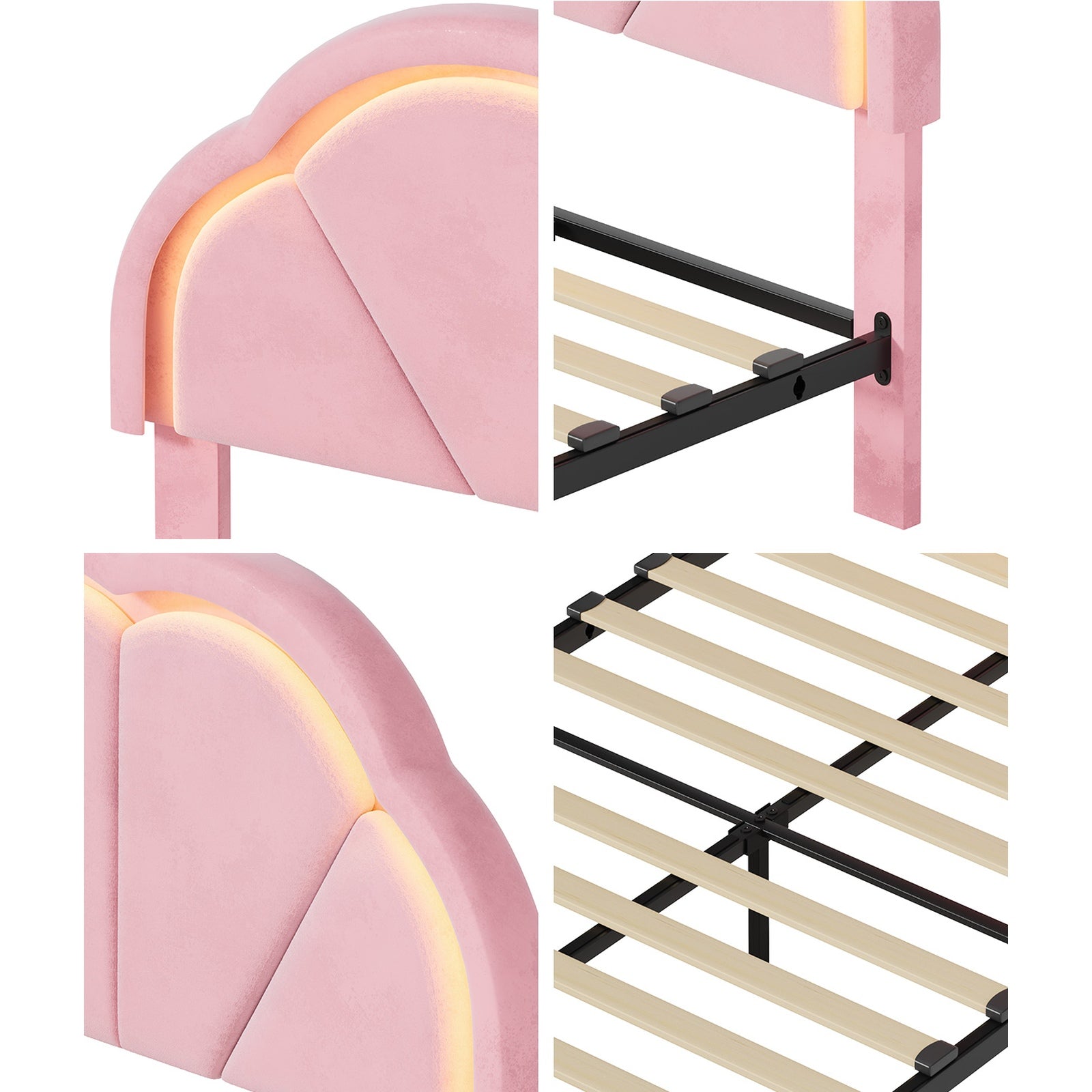 Oikiture King Single Size Bed Frame LED Shell Headboard with Drawers Velvet Pink