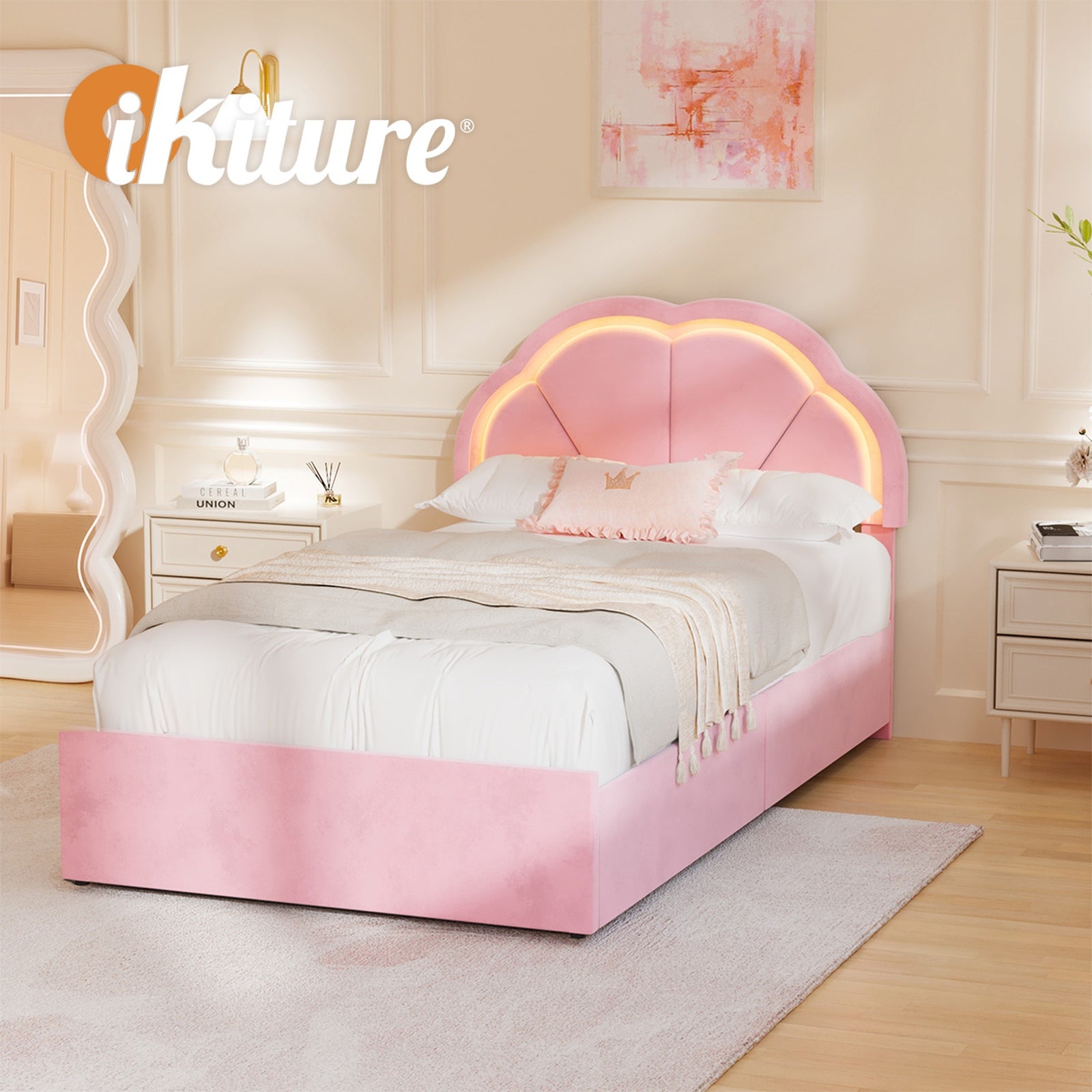 Oikiture King Single Size Bed Frame LED Shell Headboard with Drawers Velvet Pink