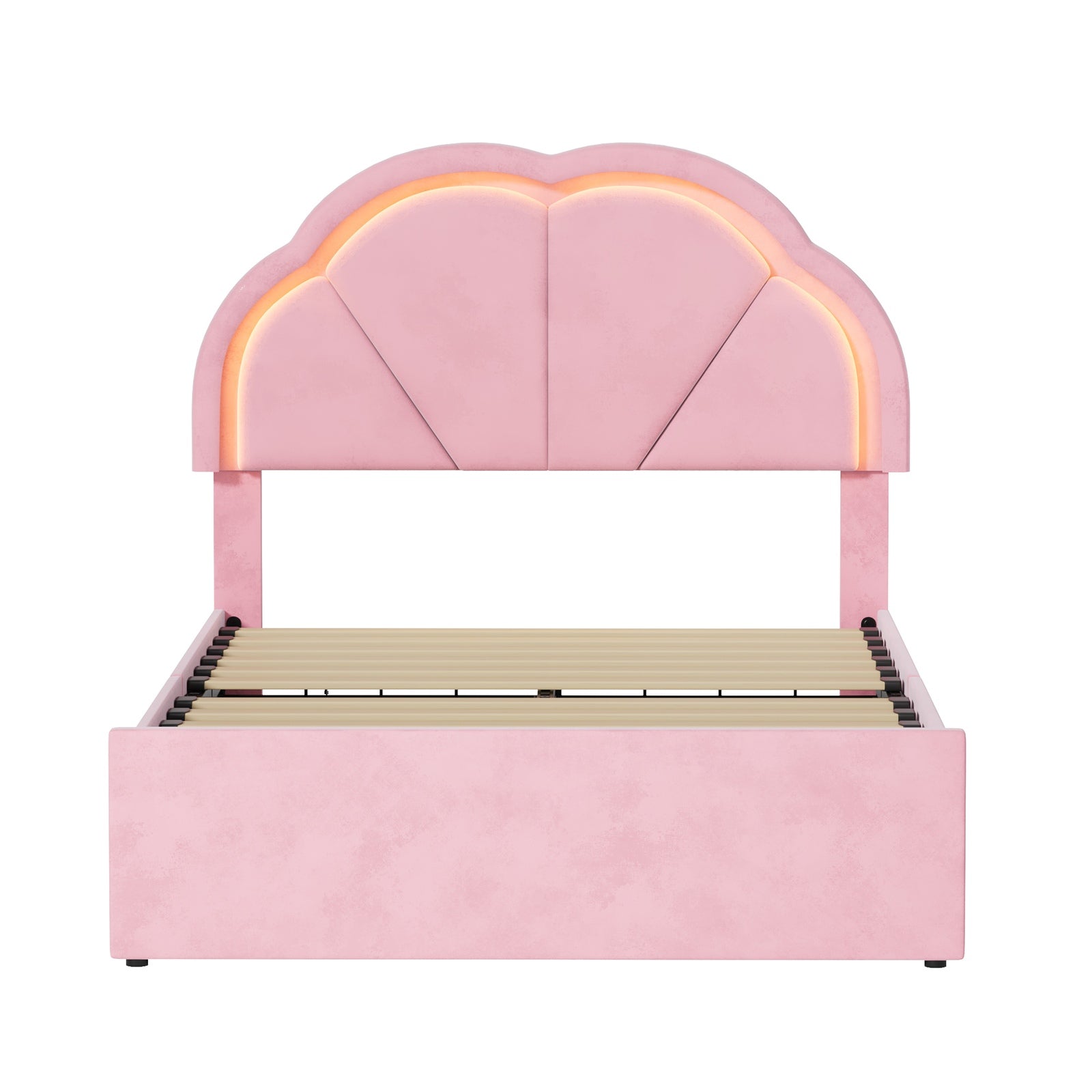 Oikiture King Single Size Bed Frame LED Shell Headboard with Drawers Velvet Pink