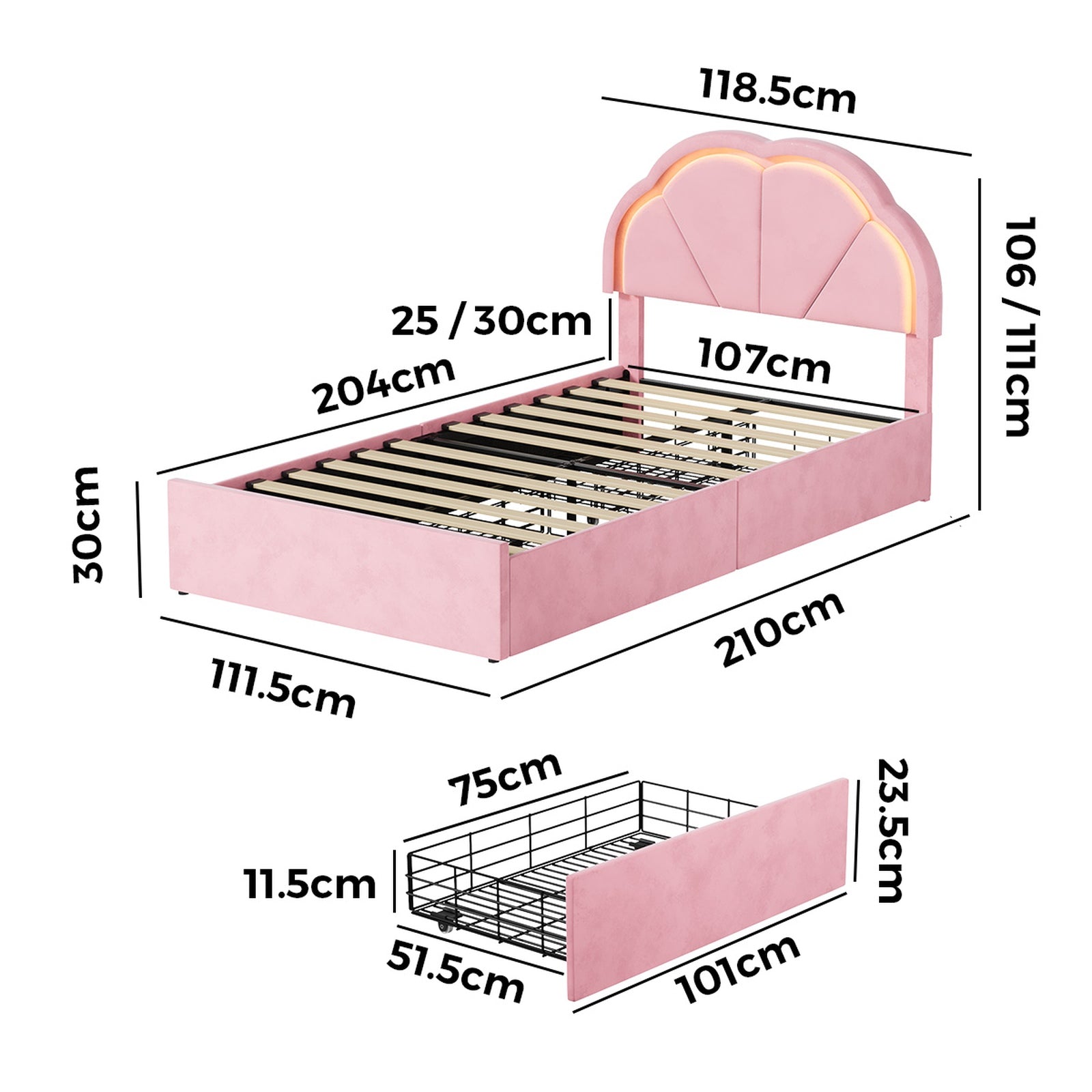 Oikiture King Single Size Bed Frame LED Shell Headboard with Drawers Velvet Pink