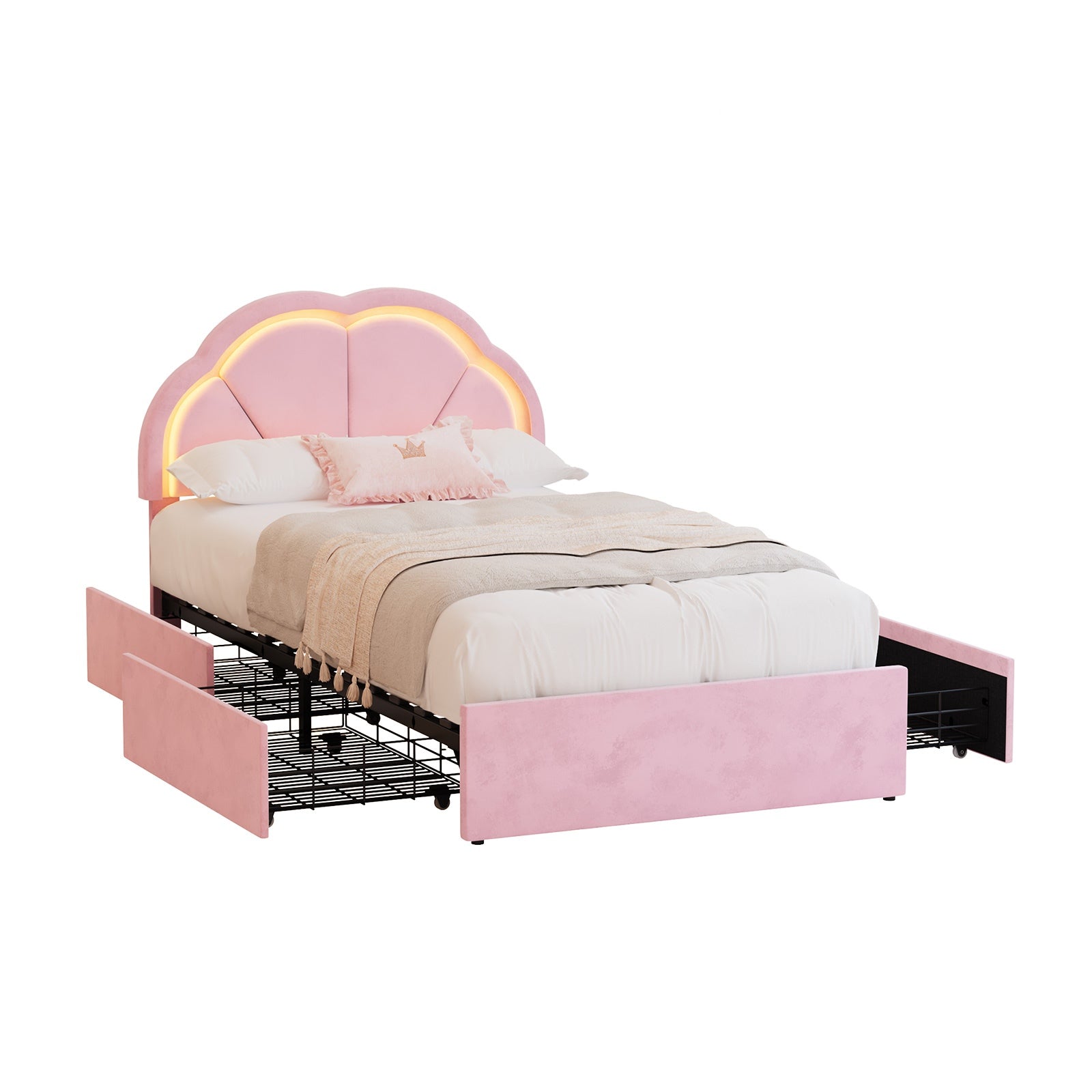 Oikiture King Single Size Bed Frame LED Shell Headboard with Drawers Velvet Pink