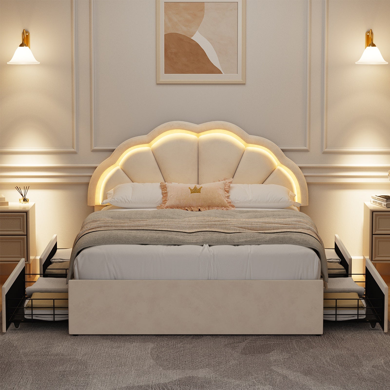 Oikiture Queen Size Bed Frame LED Shell Headboard with Drawers Beige