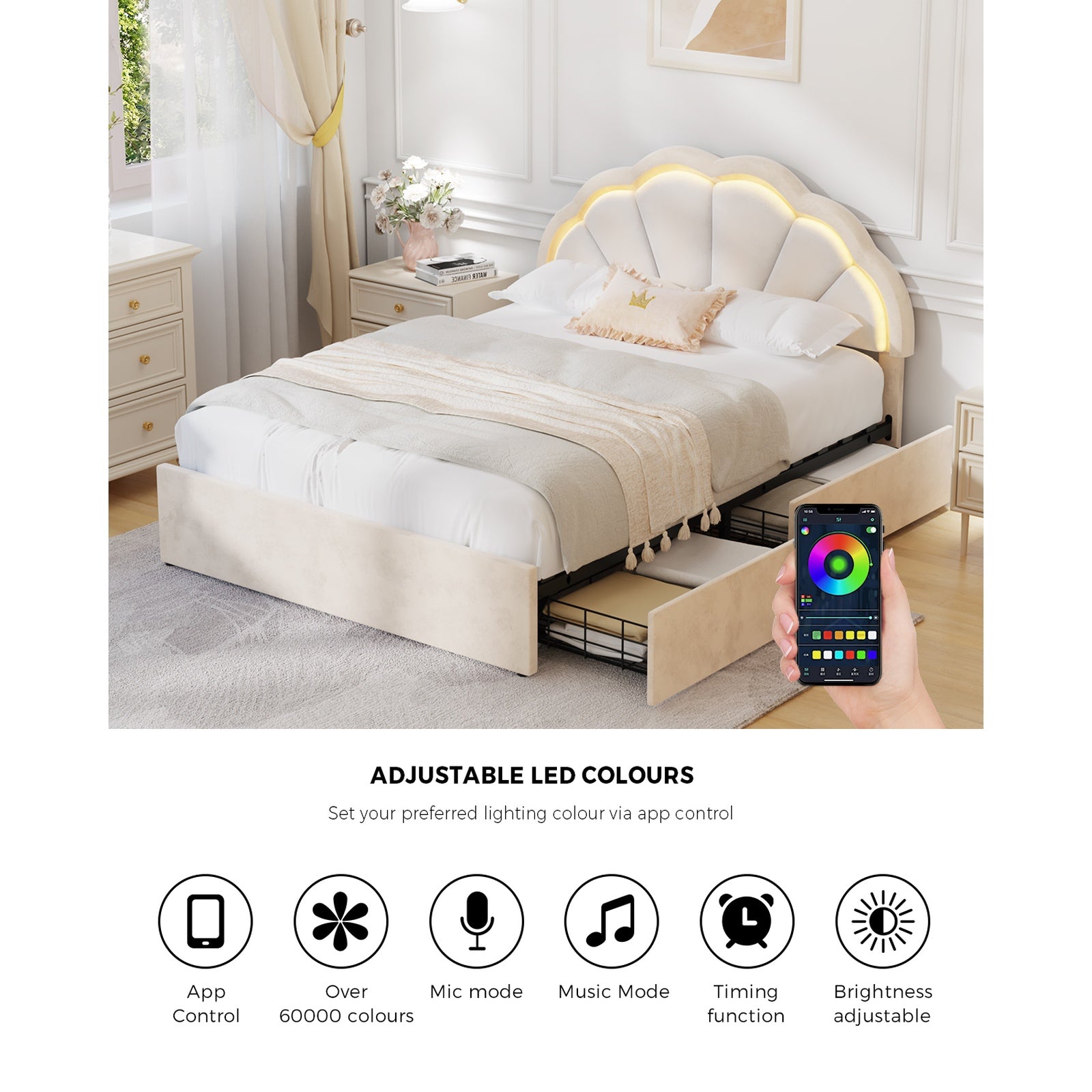 Oikiture Queen Size Bed Frame LED Shell Headboard with Drawers Beige