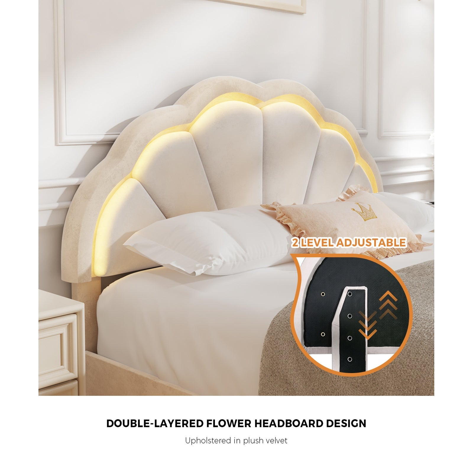 Oikiture Queen Size Bed Frame LED Shell Headboard with Drawers Beige