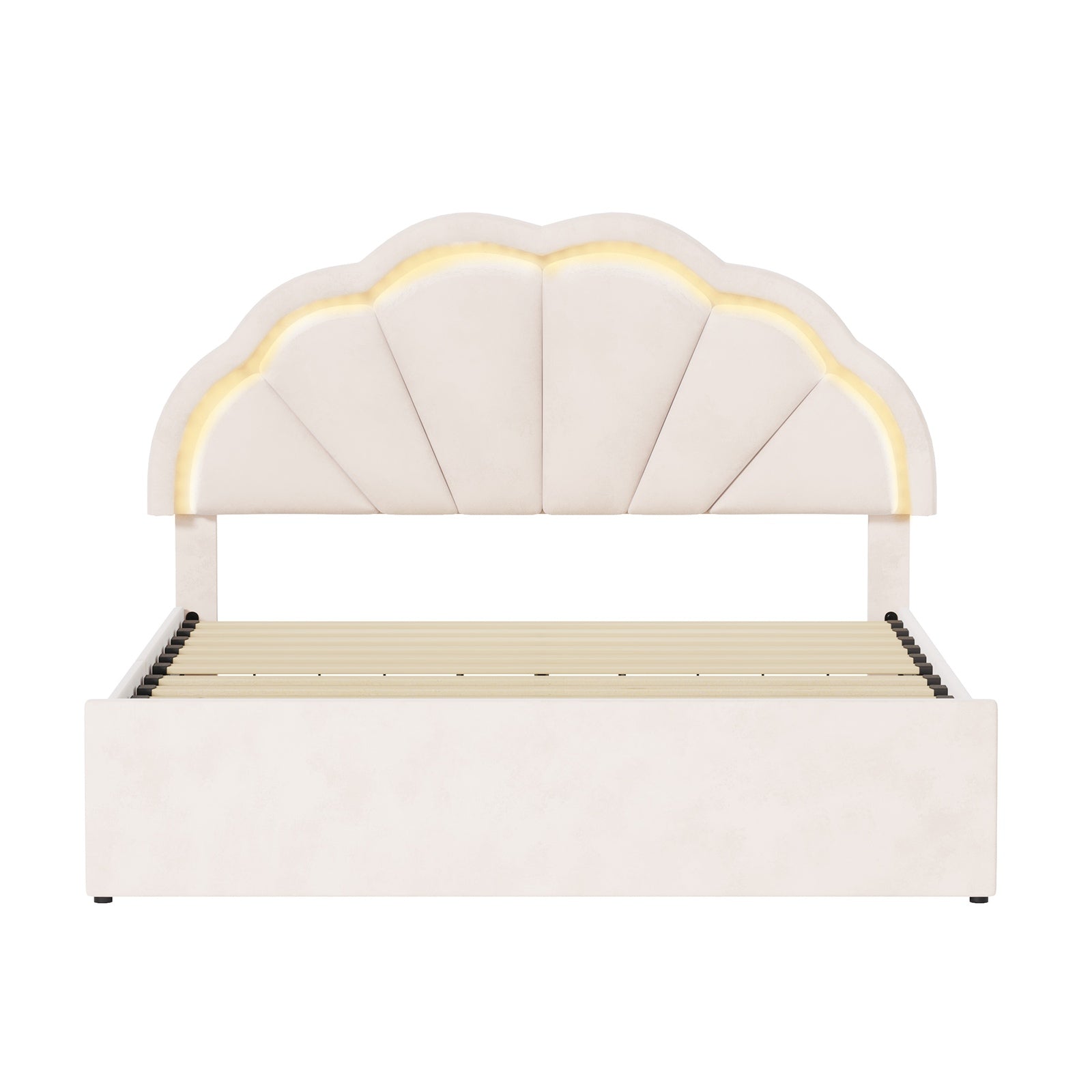 Oikiture Queen Size Bed Frame LED Shell Headboard with Drawers Beige