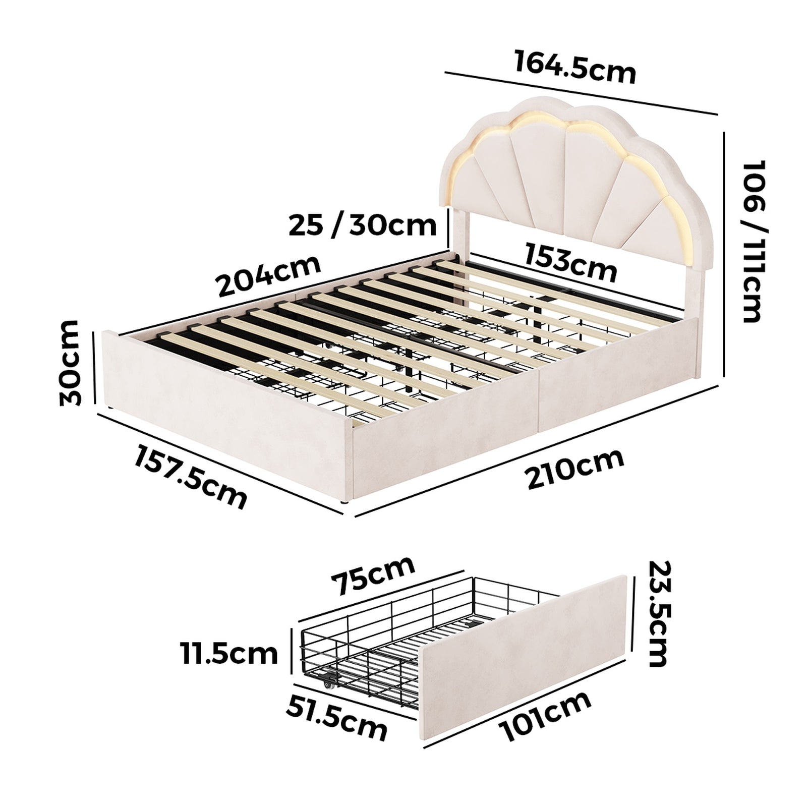 Oikiture Queen Size Bed Frame LED Shell Headboard with Drawers Beige