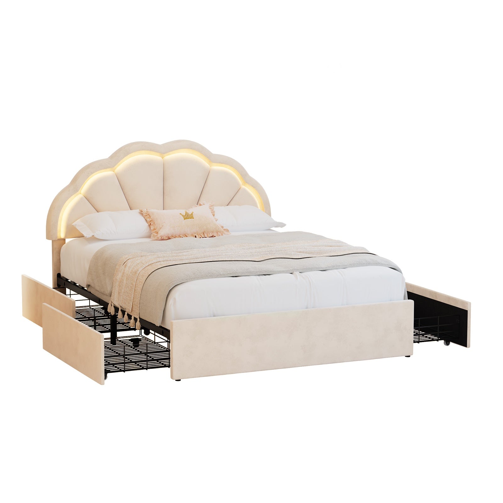 Oikiture Queen Size Bed Frame LED Shell Headboard with Drawers Beige