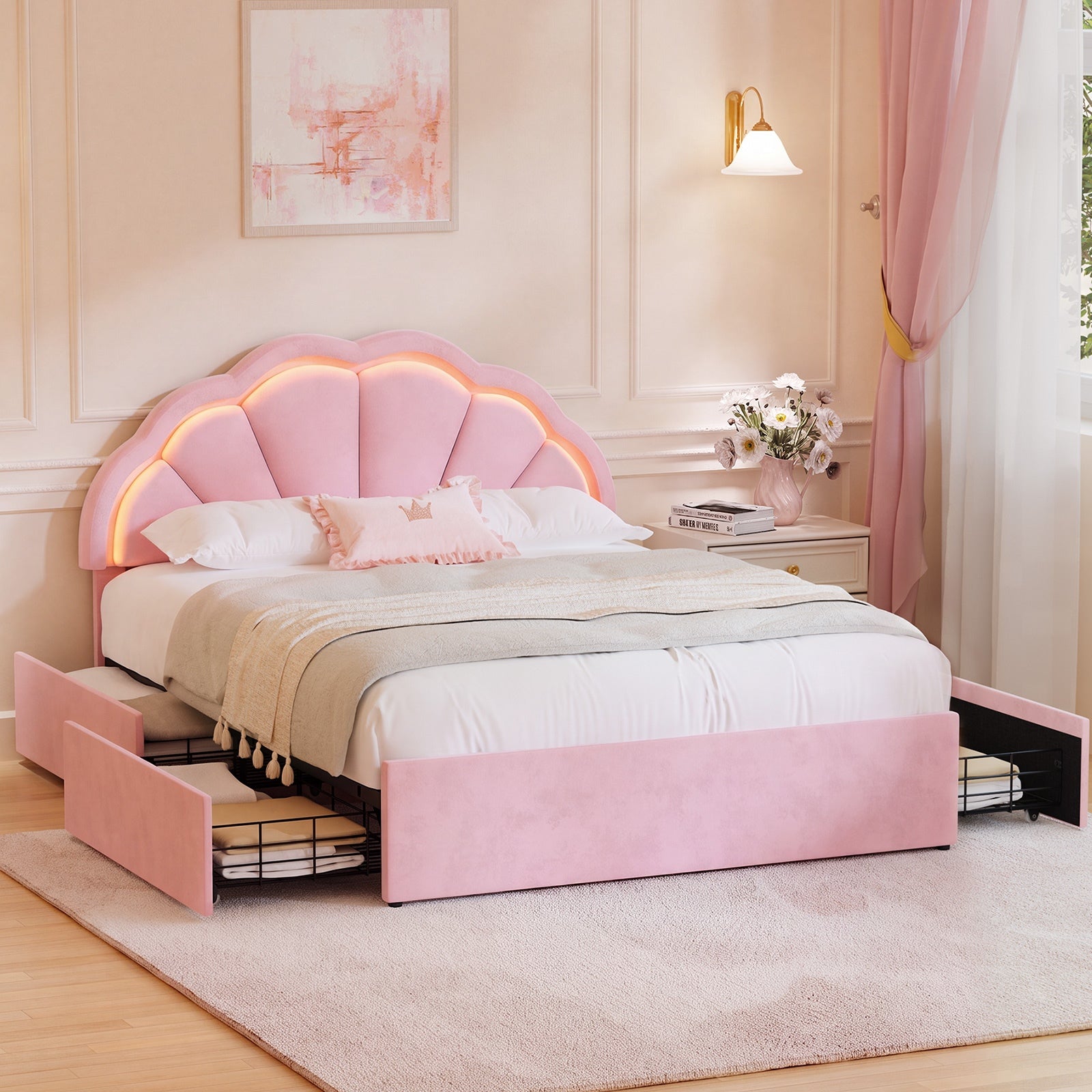 Oikiture Queen Size Bed Frame LED Shell Headboard with Drawers Velvet Pink