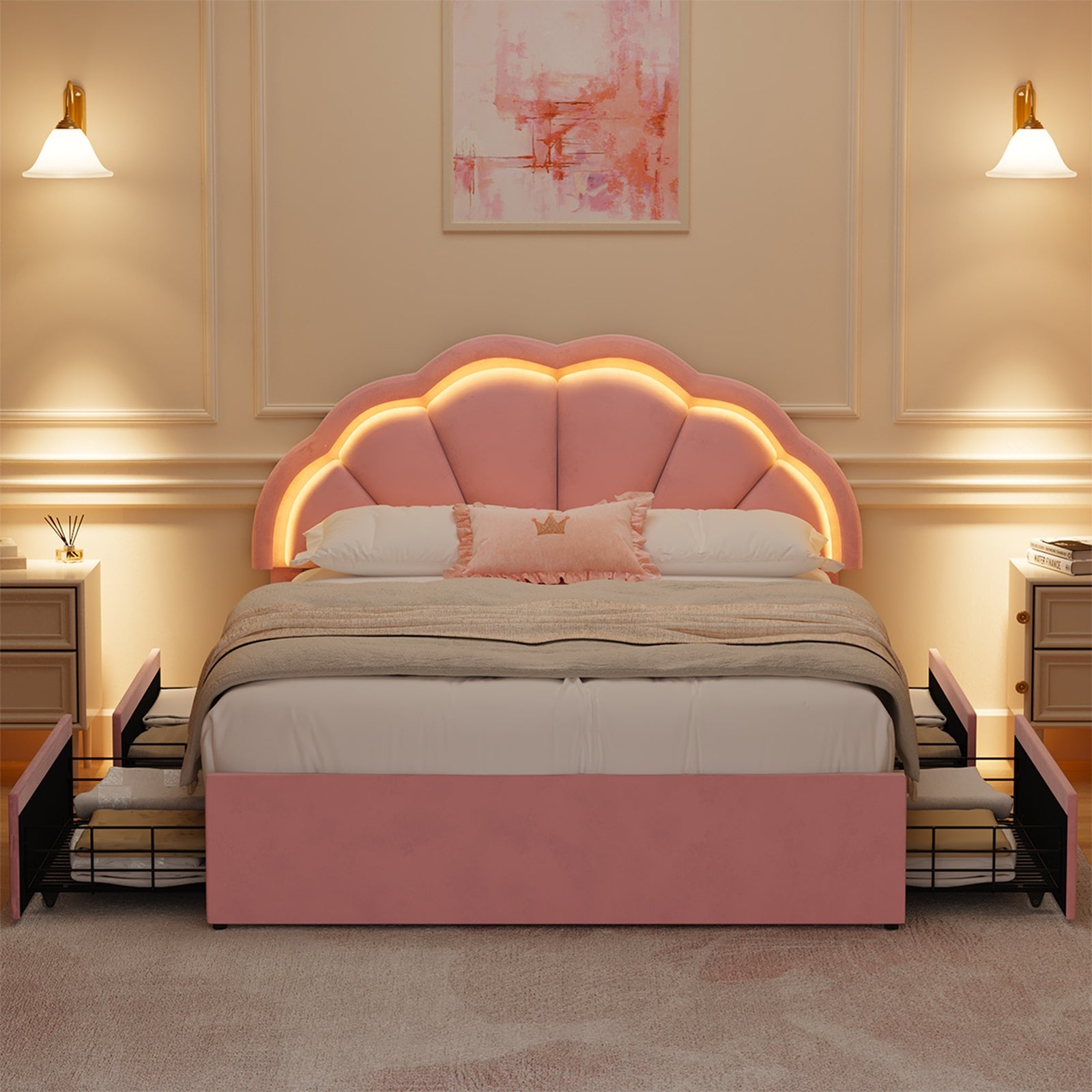 Oikiture Queen Size Bed Frame LED Shell Headboard with Drawers Velvet Pink