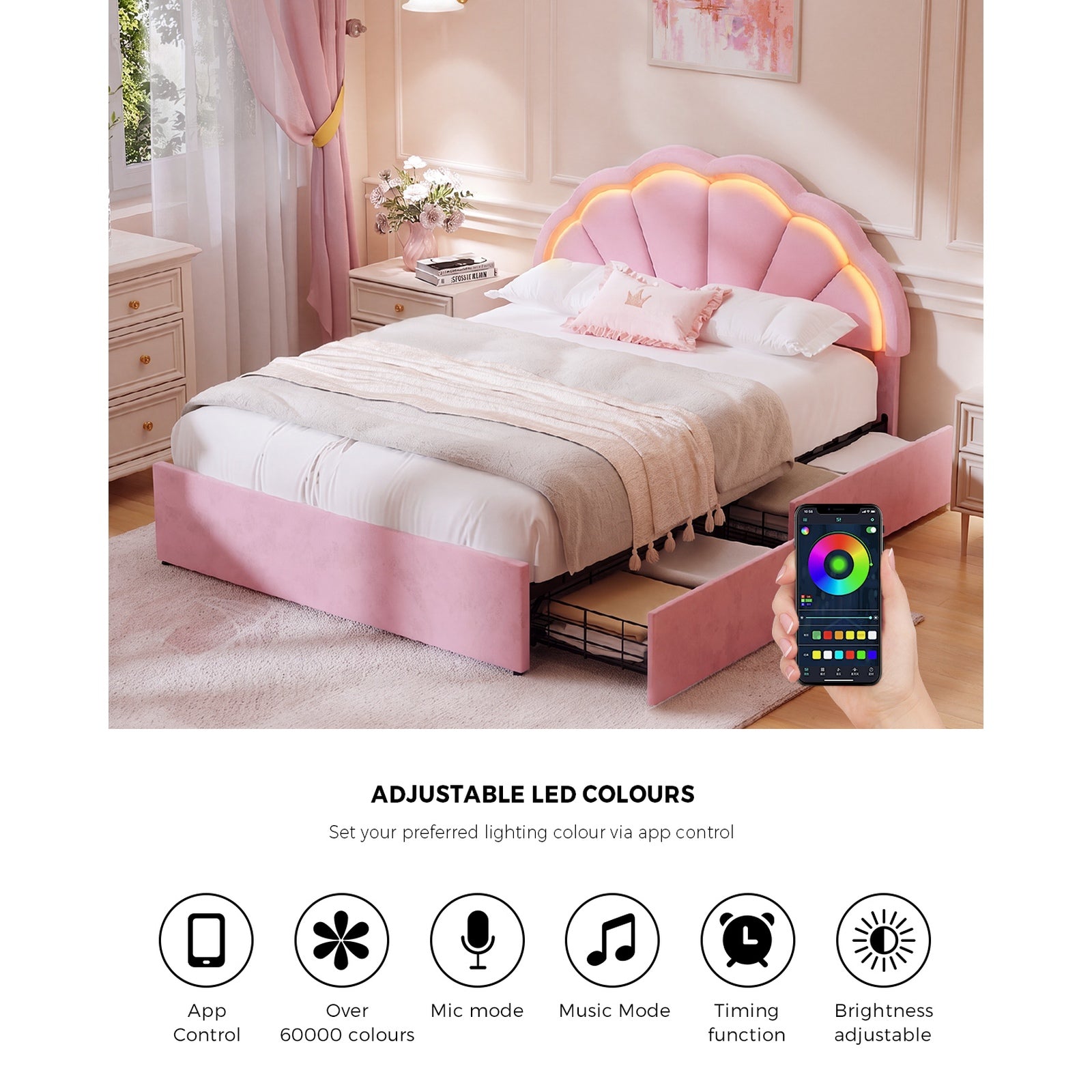 Oikiture Queen Size Bed Frame LED Shell Headboard with Drawers Velvet Pink