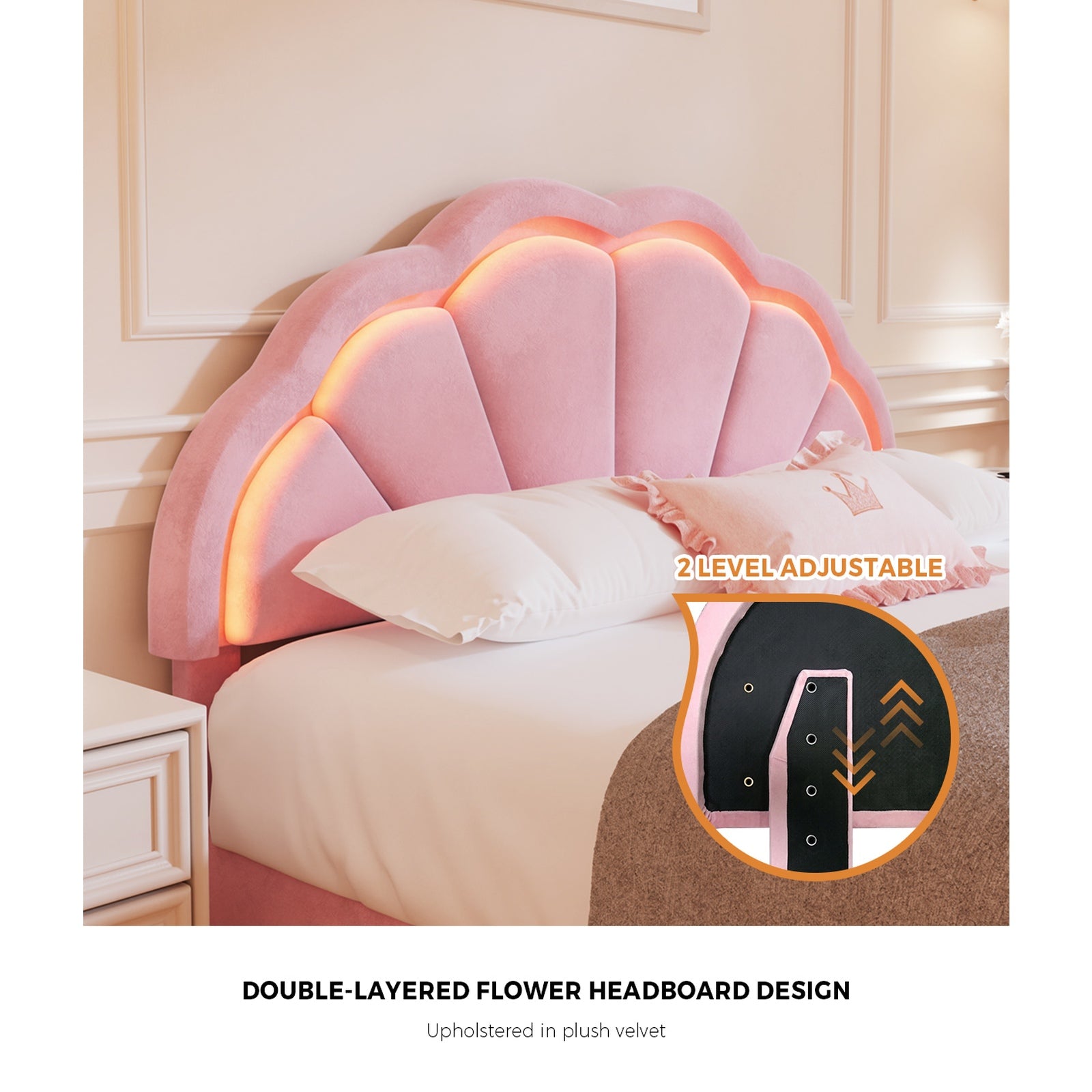 Oikiture Queen Size Bed Frame LED Shell Headboard with Drawers Velvet Pink